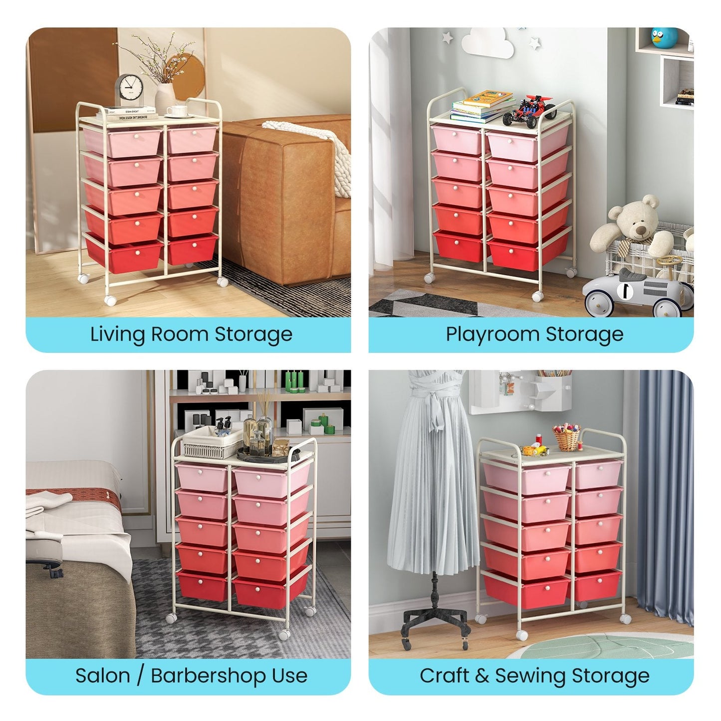 10-Drawer Rolling Storage Cart, Gradient Pink File Cabinets   at Gallery Canada