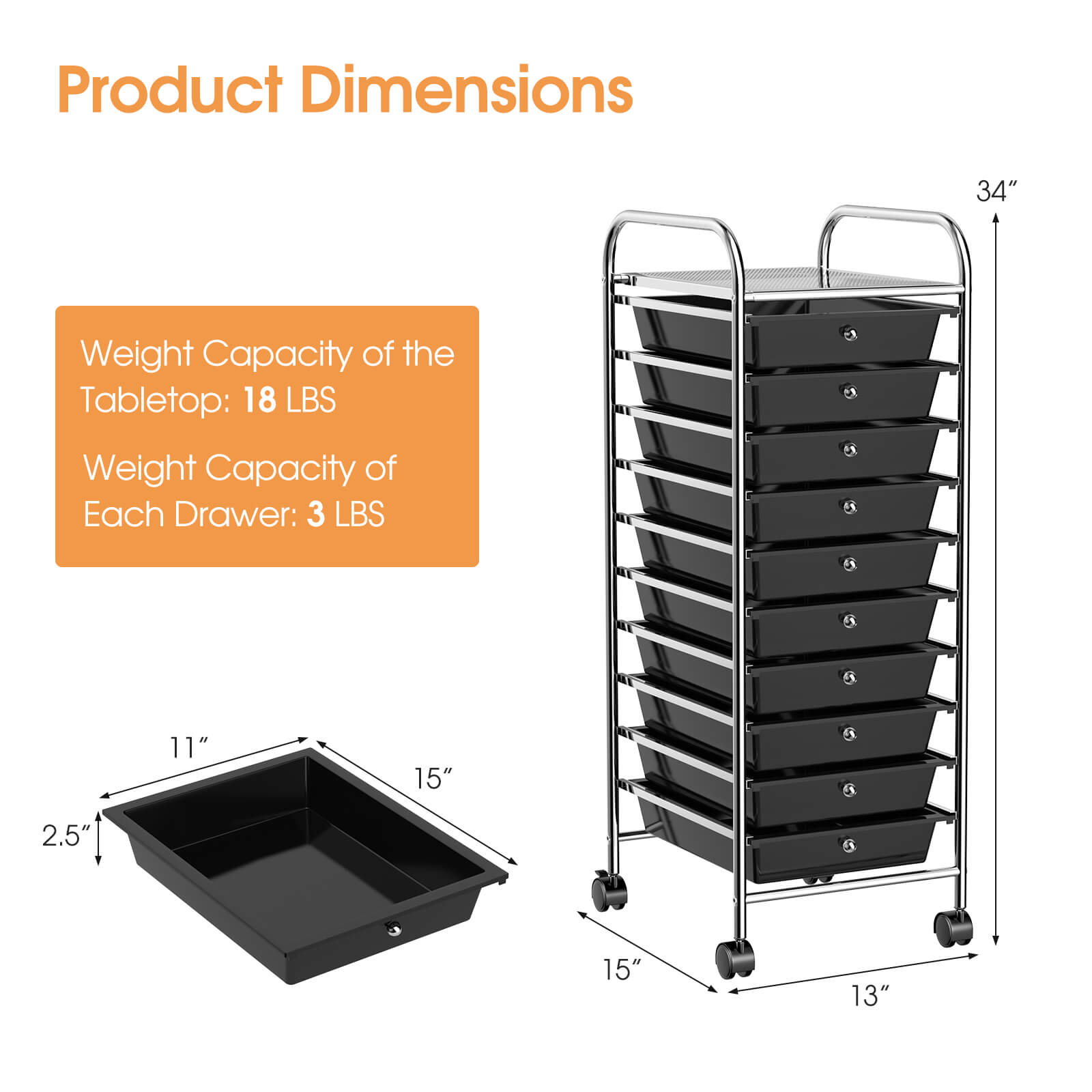 10 Drawer Rolling Storage Cart Organizer with 4 Universal Casters, Black File Cabinets   at Gallery Canada