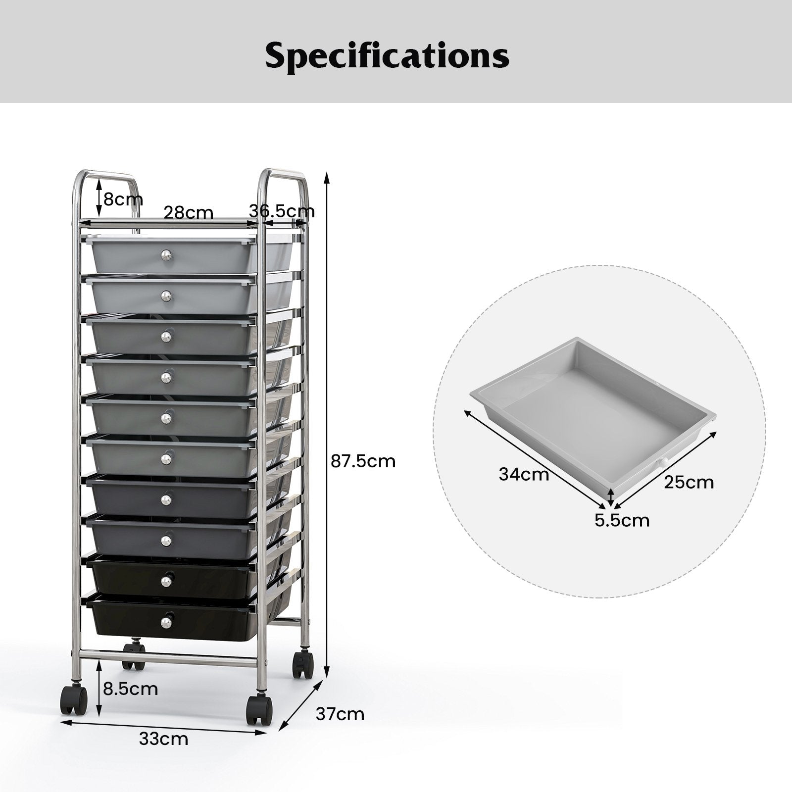 10 Drawer Rolling Storage Cart Organizer with 4 Universal Casters, Gradient Gray File Cabinets   at Gallery Canada