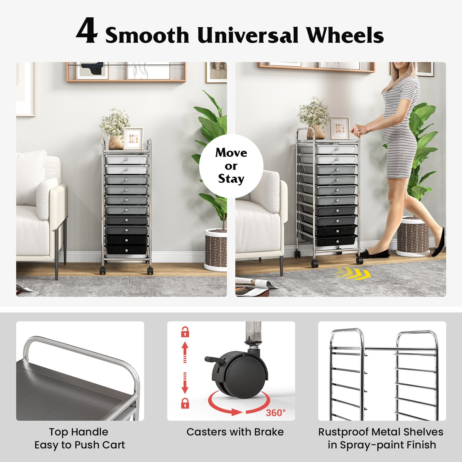 10 Drawer Rolling Storage Cart Organizer with 4 Universal Casters, Gradient Gray File Cabinets   at Gallery Canada