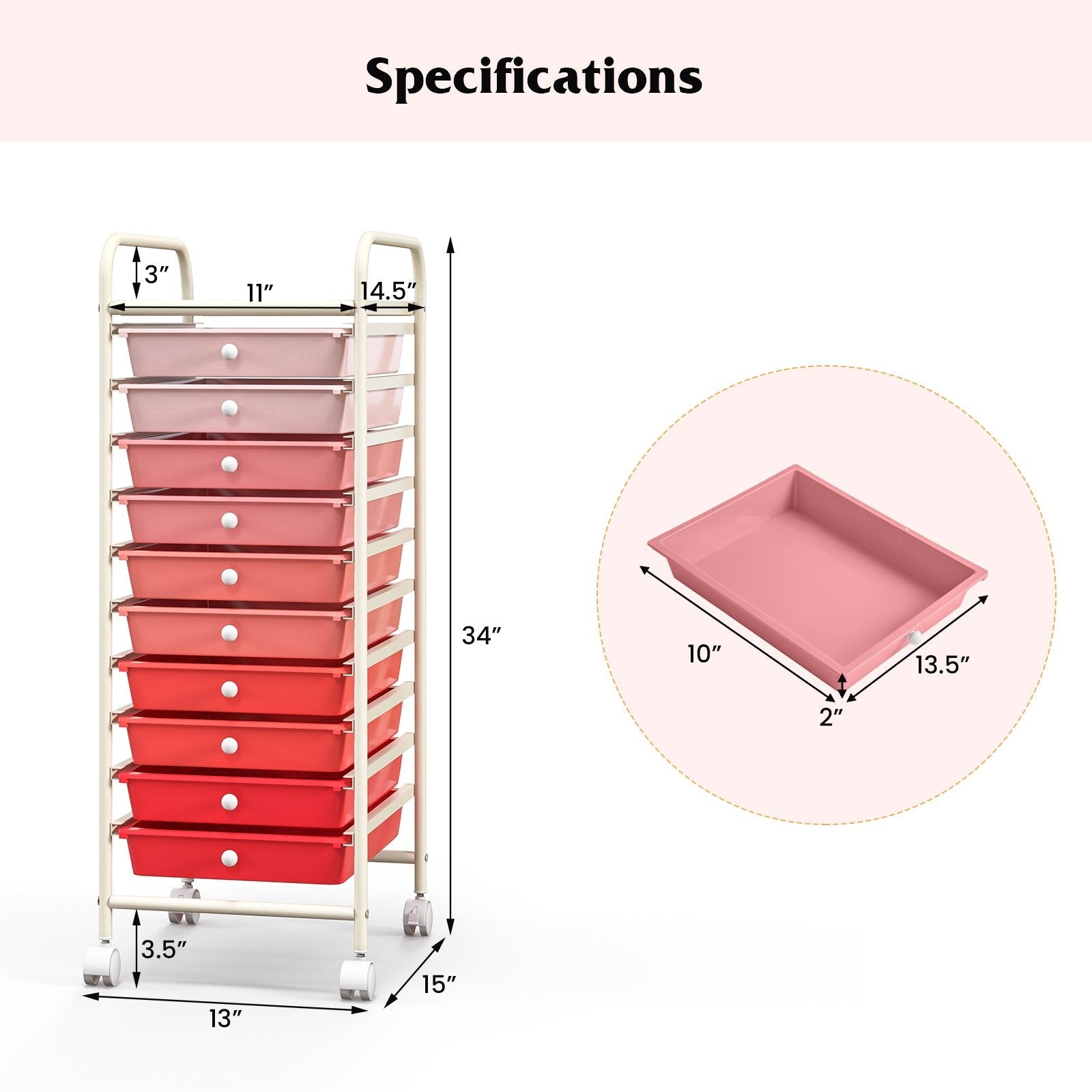 10 Drawer Rolling Storage Cart Organizer with 4 Universal Casters, Gradient Pink File Cabinets   at Gallery Canada