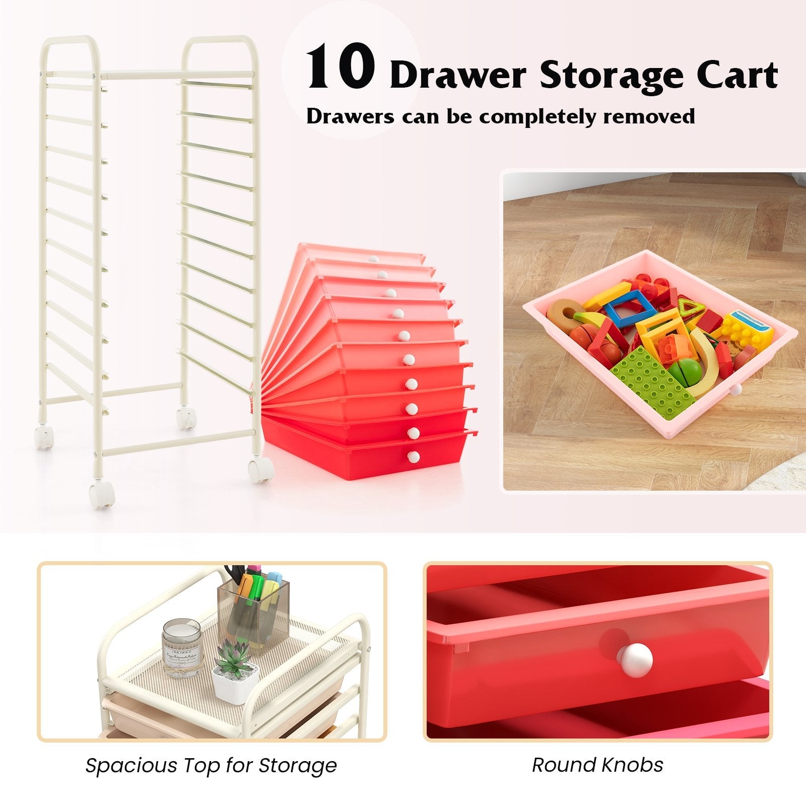 10 Drawer Rolling Storage Cart Organizer with 4 Universal Casters, Gradient Pink File Cabinets   at Gallery Canada