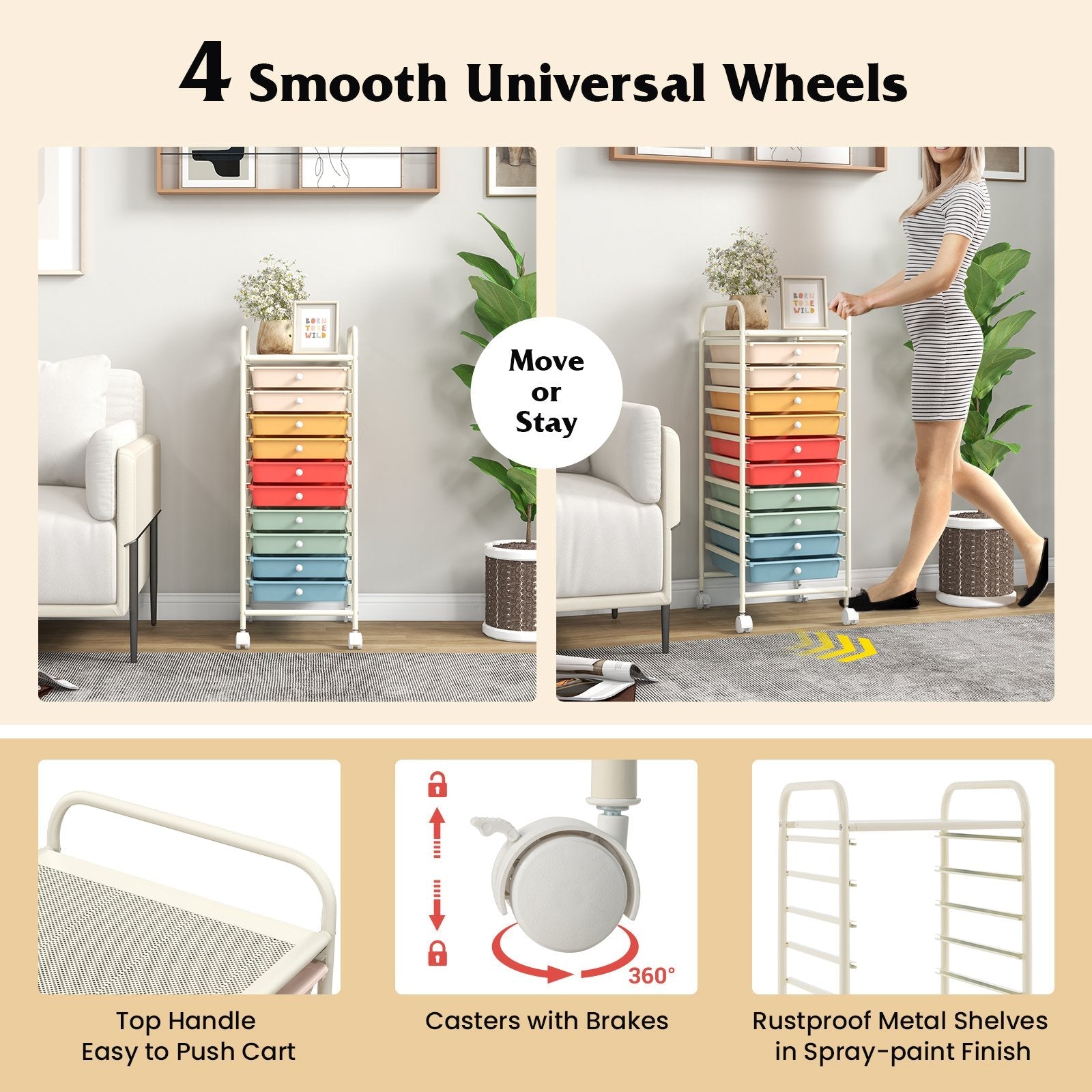 10 Drawer Rolling Storage Cart Organizer with 4 Universal Casters, Macaron Multicolor File Cabinets   at Gallery Canada