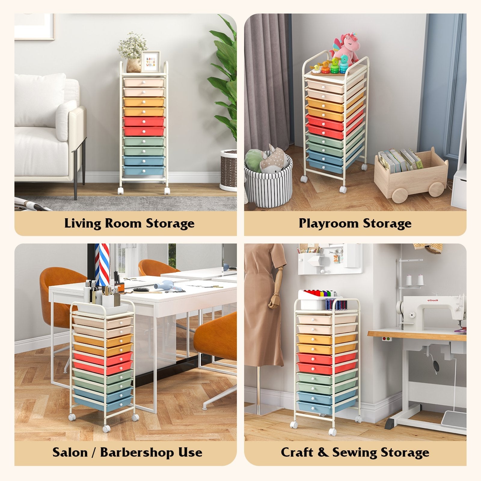 10 Drawer Rolling Storage Cart Organizer with 4 Universal Casters, Macaron Multicolor File Cabinets   at Gallery Canada