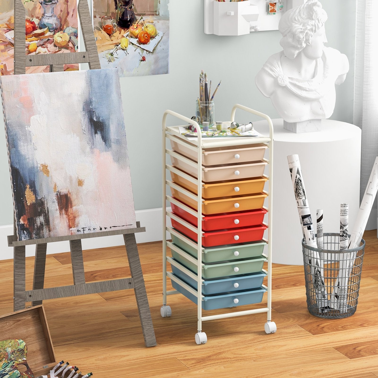 10 Drawer Rolling Storage Cart Organizer with 4 Universal Casters, Macaron Multicolor File Cabinets   at Gallery Canada