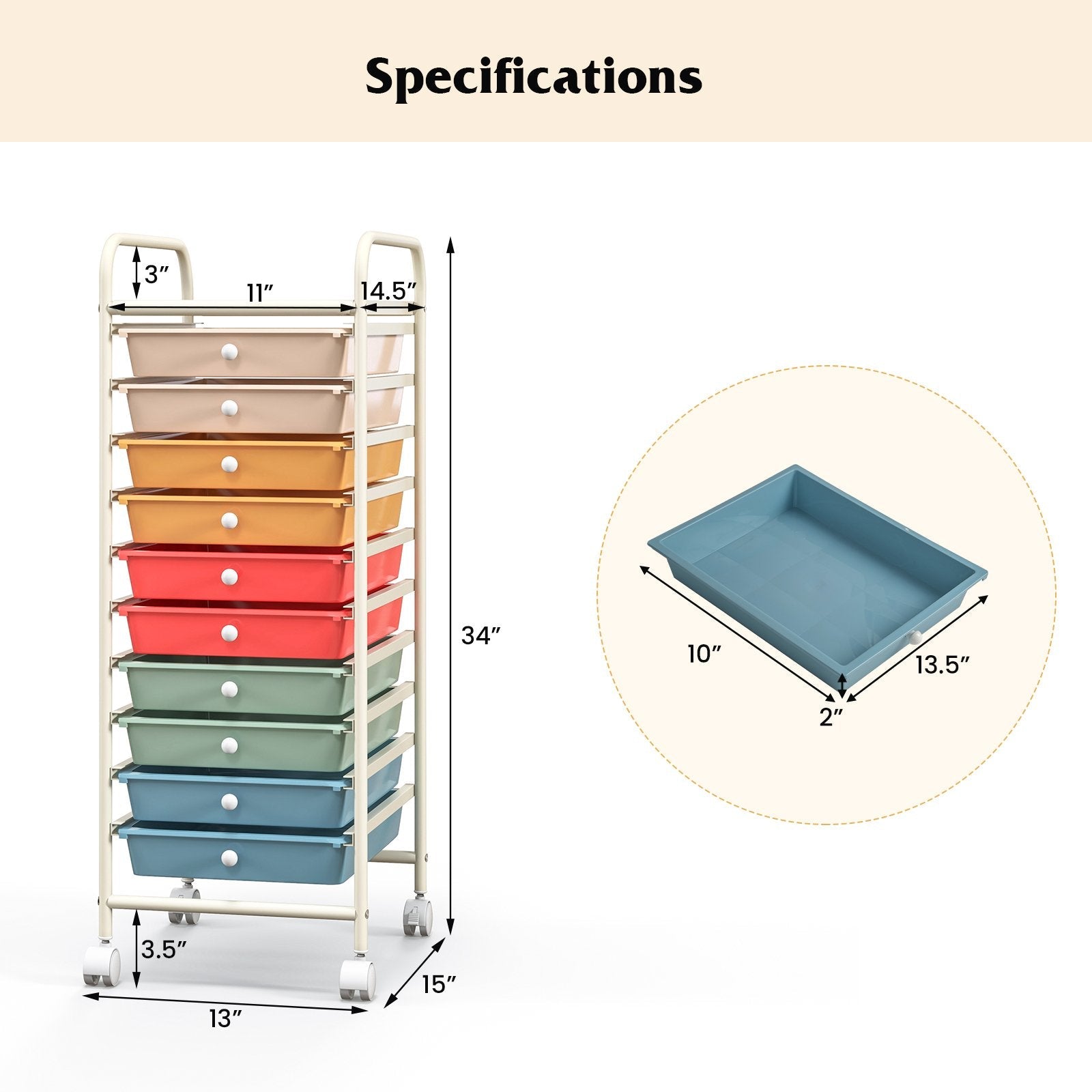 10 Drawer Rolling Storage Cart Organizer with 4 Universal Casters, Macaron Multicolor File Cabinets   at Gallery Canada