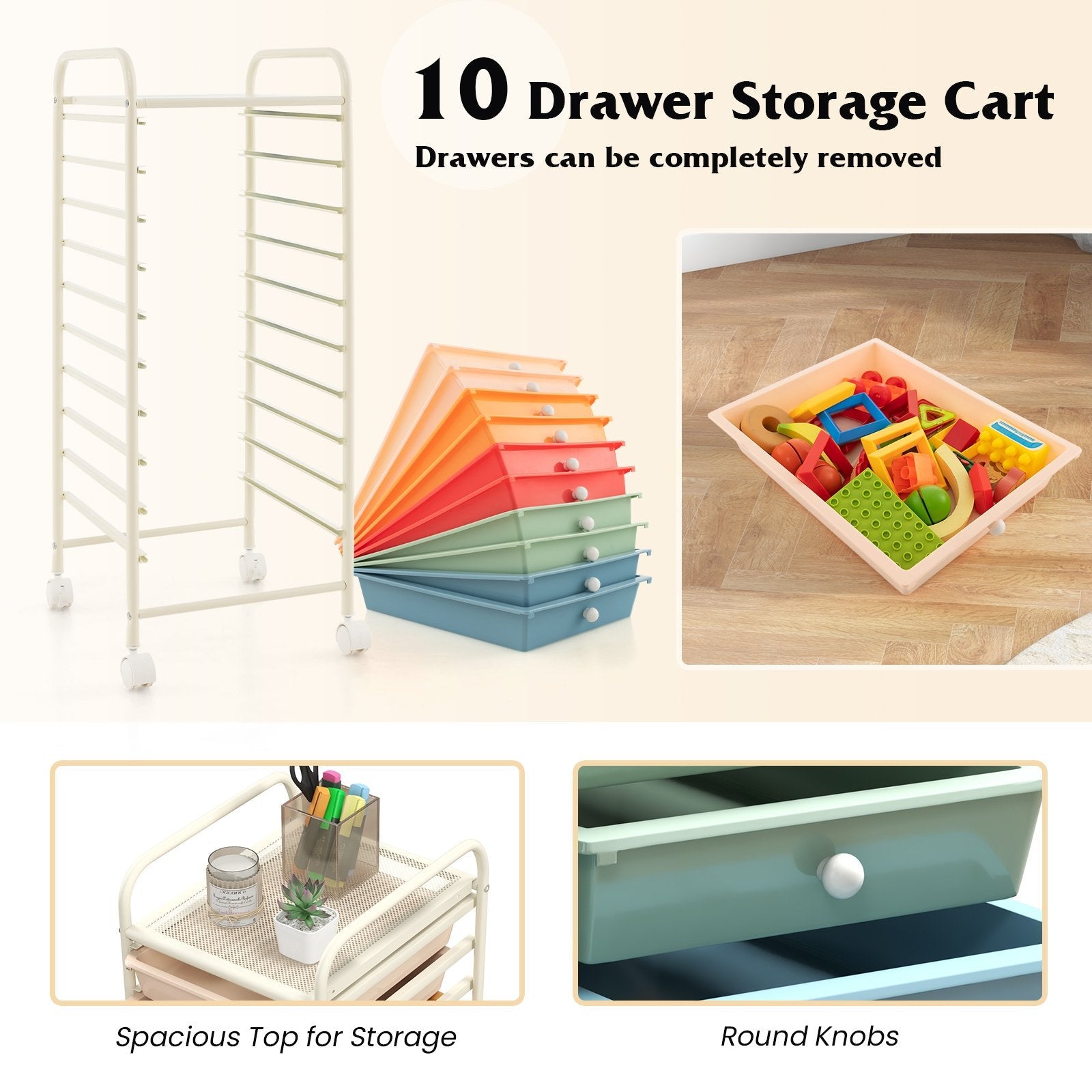 10 Drawer Rolling Storage Cart Organizer with 4 Universal Casters, Macaron Multicolor File Cabinets   at Gallery Canada