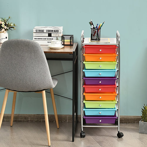 10 Drawer Rolling Storage Cart Organizer with 4 Universal Casters, Multicolor