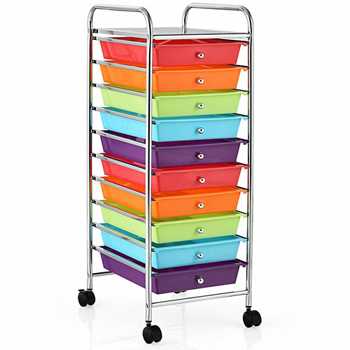 10 Drawer Rolling Storage Cart Organizer with 4 Universal Casters, Multicolor