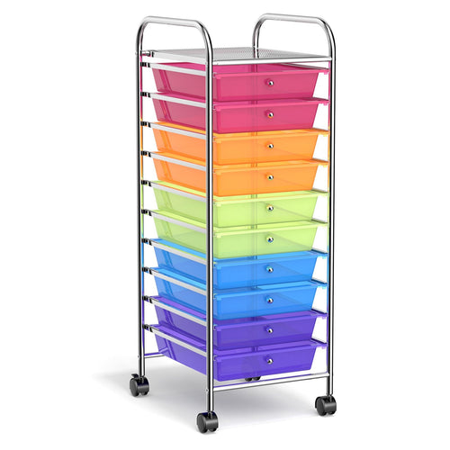 10 Drawer Rolling Storage Cart Organizer with 4 Universal Casters, Transparent Multicolor