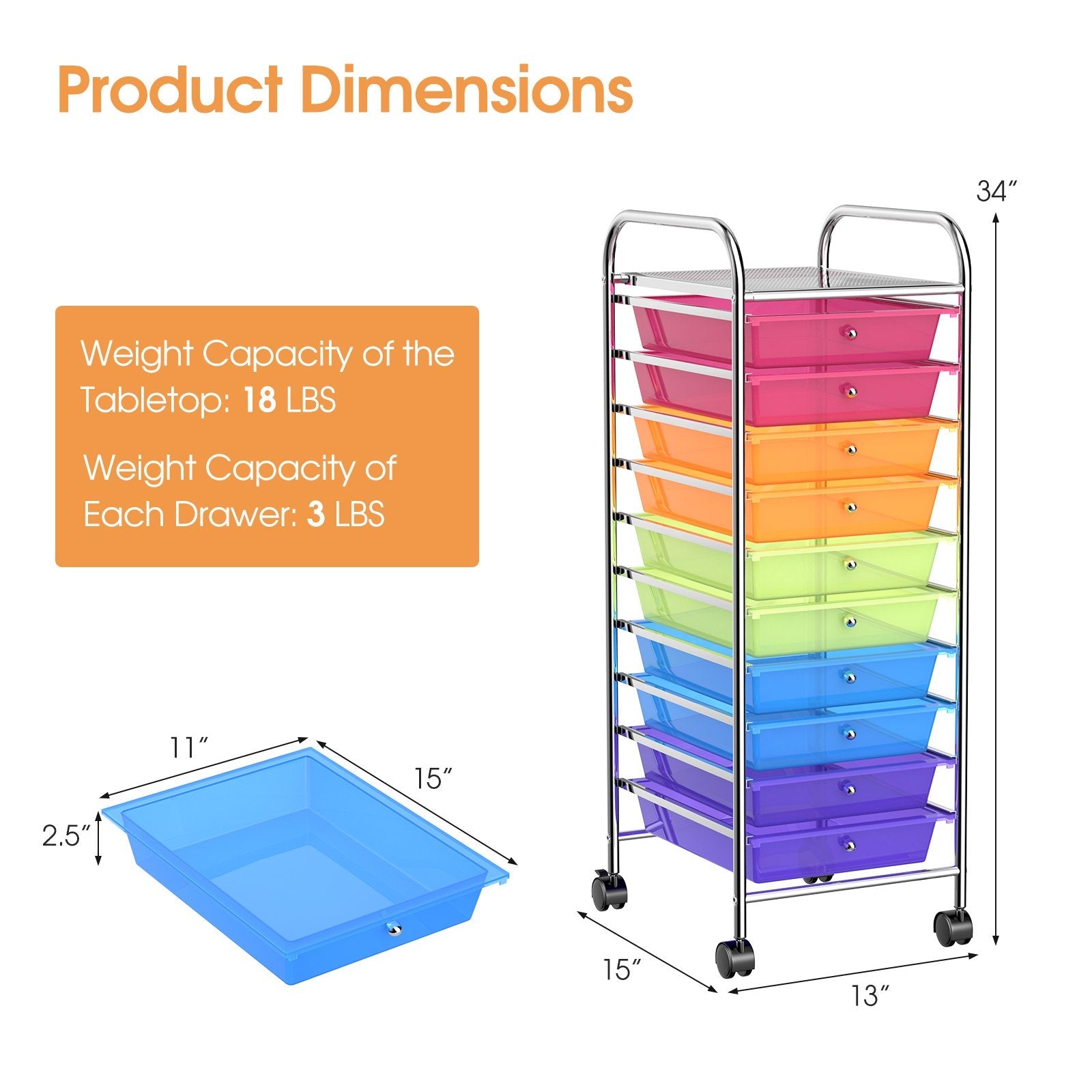 10 Drawer Rolling Storage Cart Organizer with 4 Universal Casters, Transparent Multicolor File Cabinets   at Gallery Canada