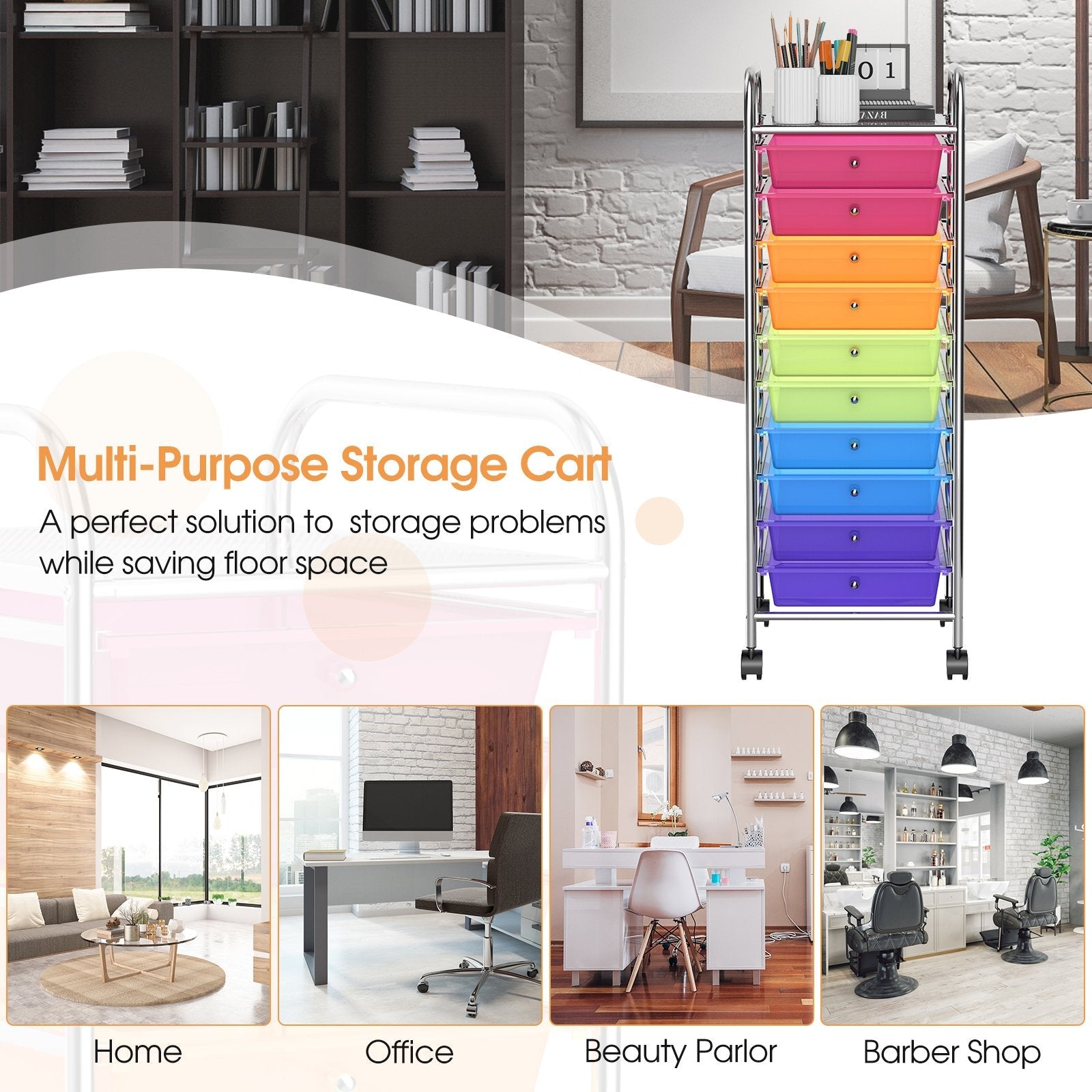 10 Drawer Rolling Storage Cart Organizer with 4 Universal Casters, Transparent Multicolor File Cabinets   at Gallery Canada