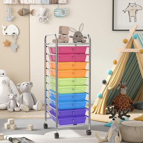 10 Drawer Rolling Storage Cart Organizer with 4 Universal Casters, Transparent Multicolor