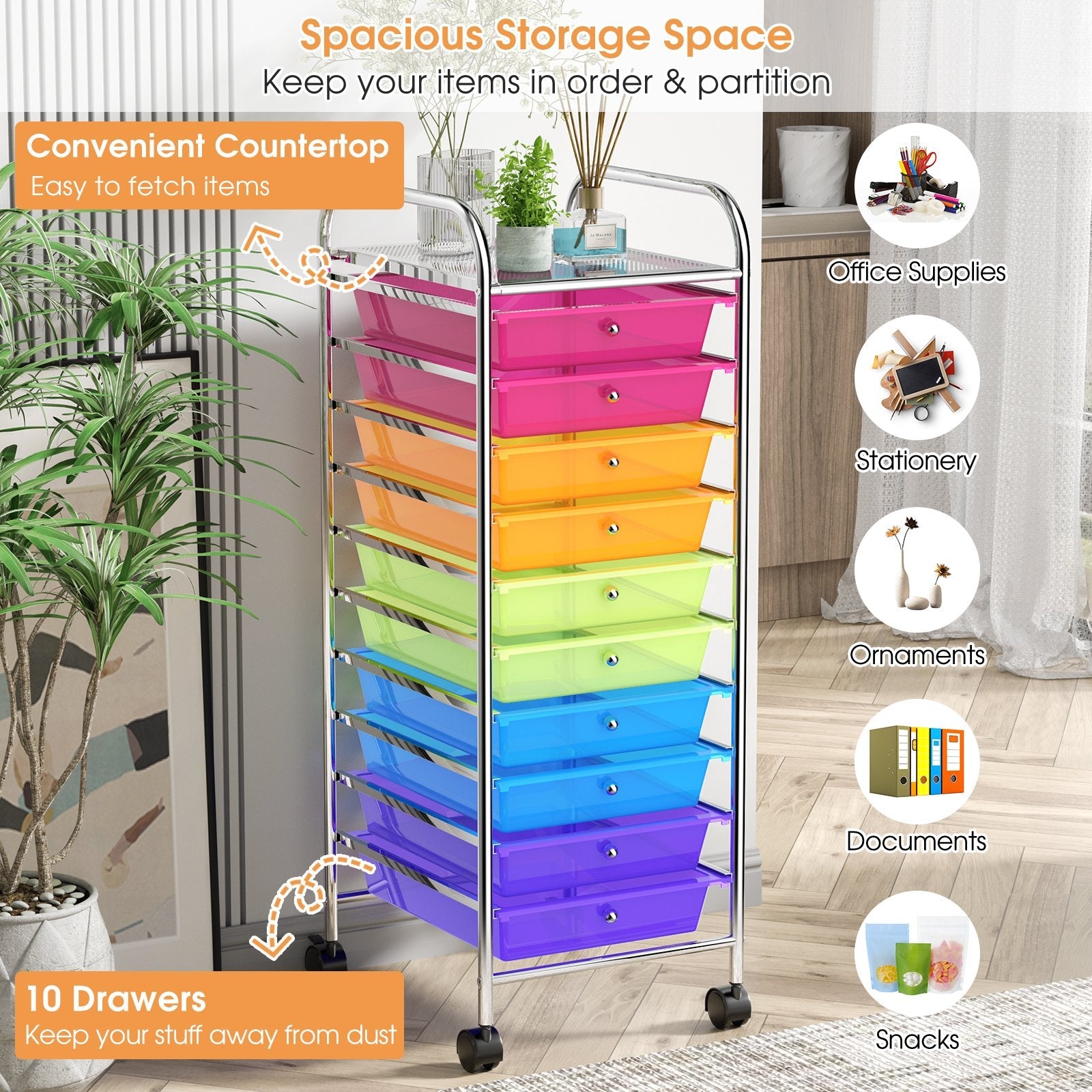 10 Drawer Rolling Storage Cart Organizer with 4 Universal Casters, Transparent Multicolor File Cabinets   at Gallery Canada