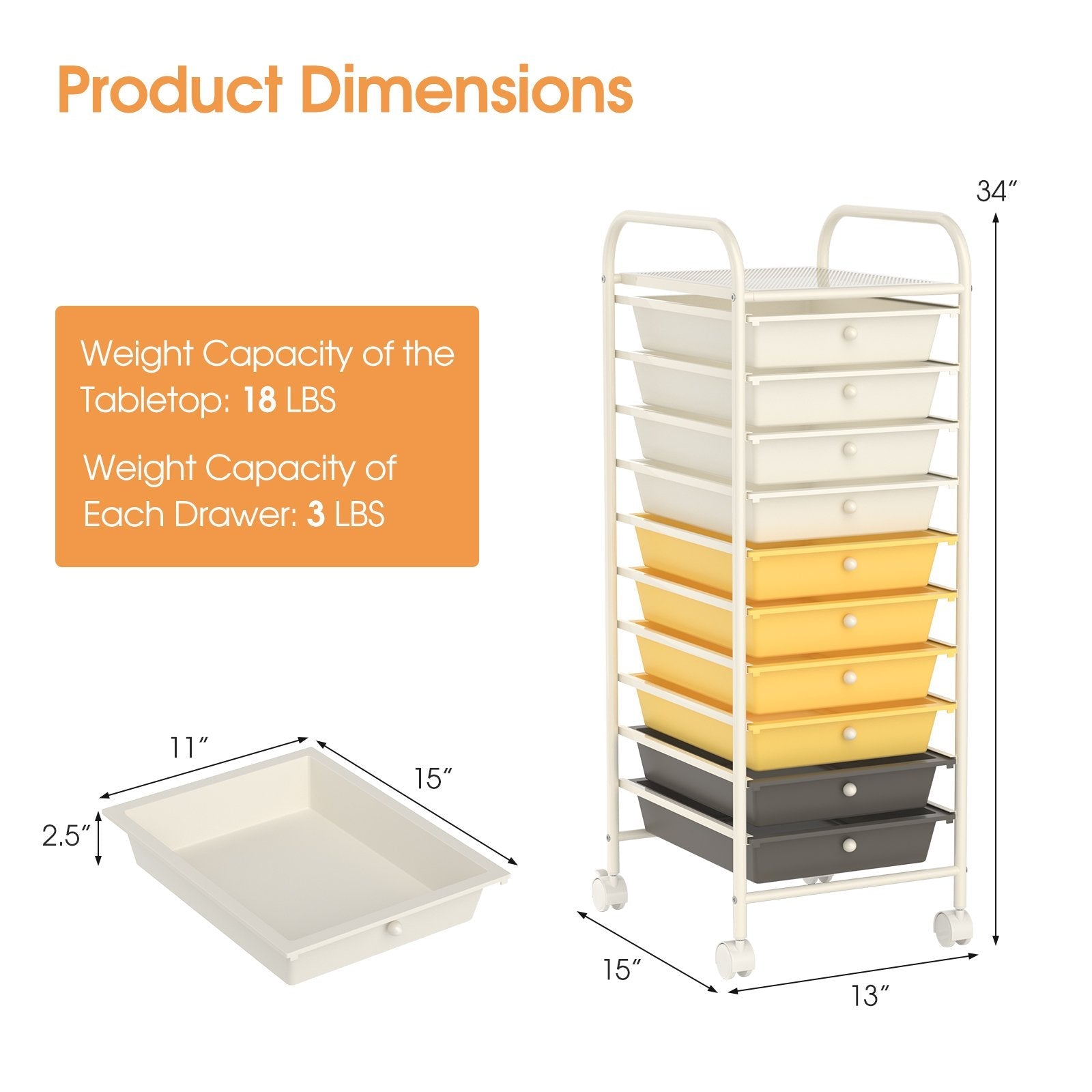 10 Drawer Rolling Storage Cart Organizer with 4 Universal Casters, Yellow File Cabinets   at Gallery Canada