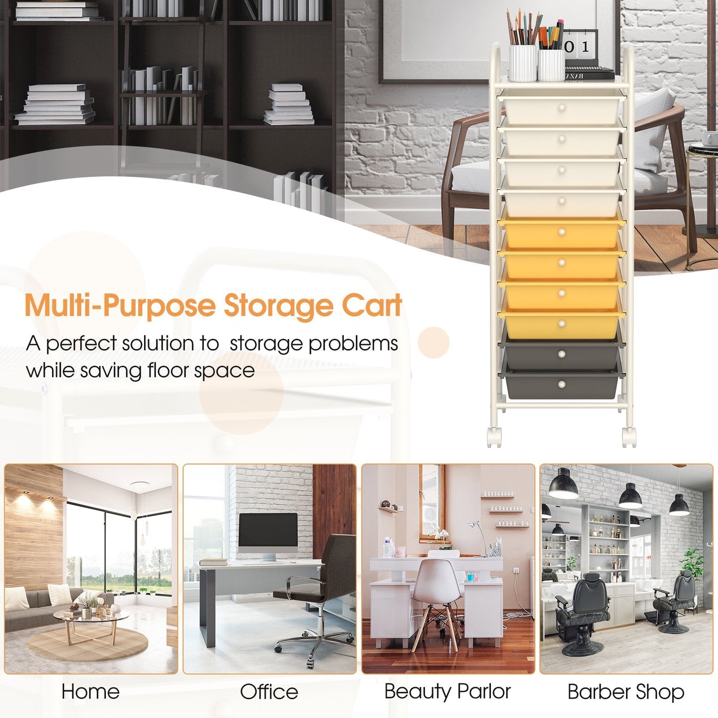 10 Drawer Rolling Storage Cart Organizer with 4 Universal Casters, Yellow File Cabinets   at Gallery Canada