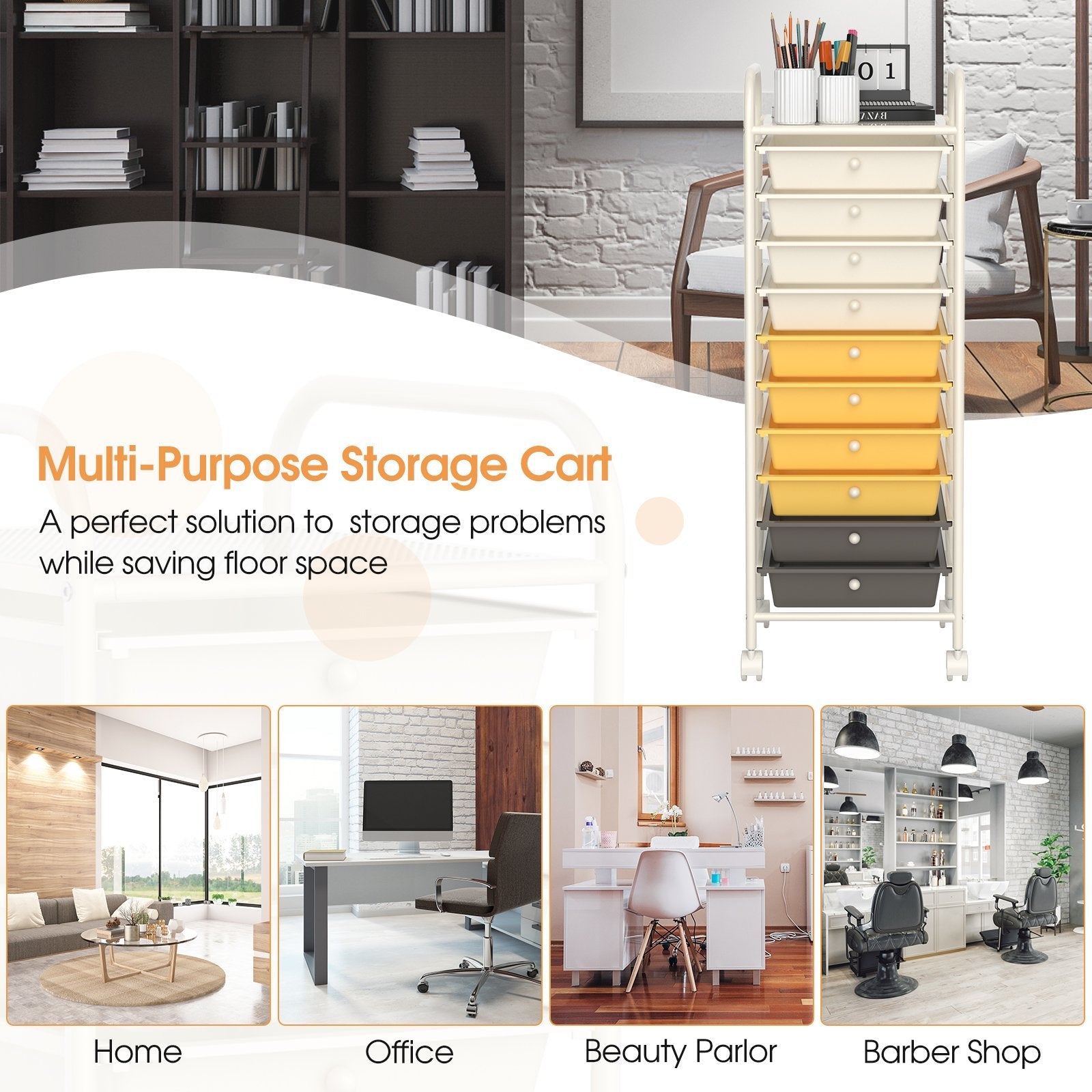 10 Drawer Rolling Storage Cart Organizer with 4 Universal Casters, Yellow File Cabinets   at Gallery Canada