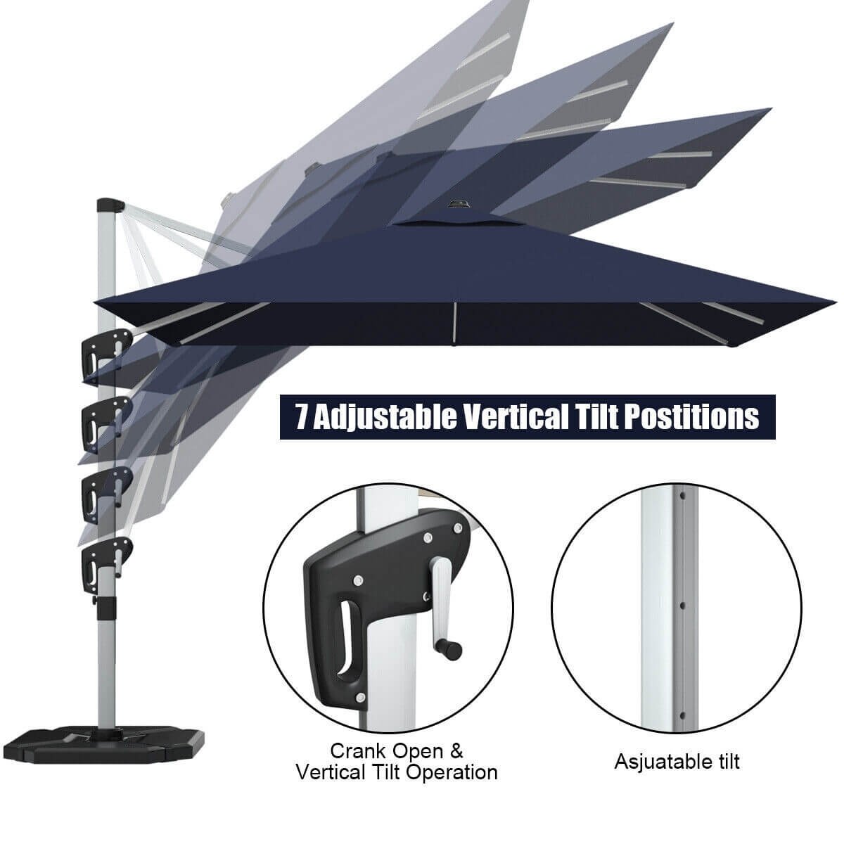 10 Feet 360° Tilt Aluminum Square Patio Umbrella without Weight Base, Navy Outdoor Umbrellas   at Gallery Canada