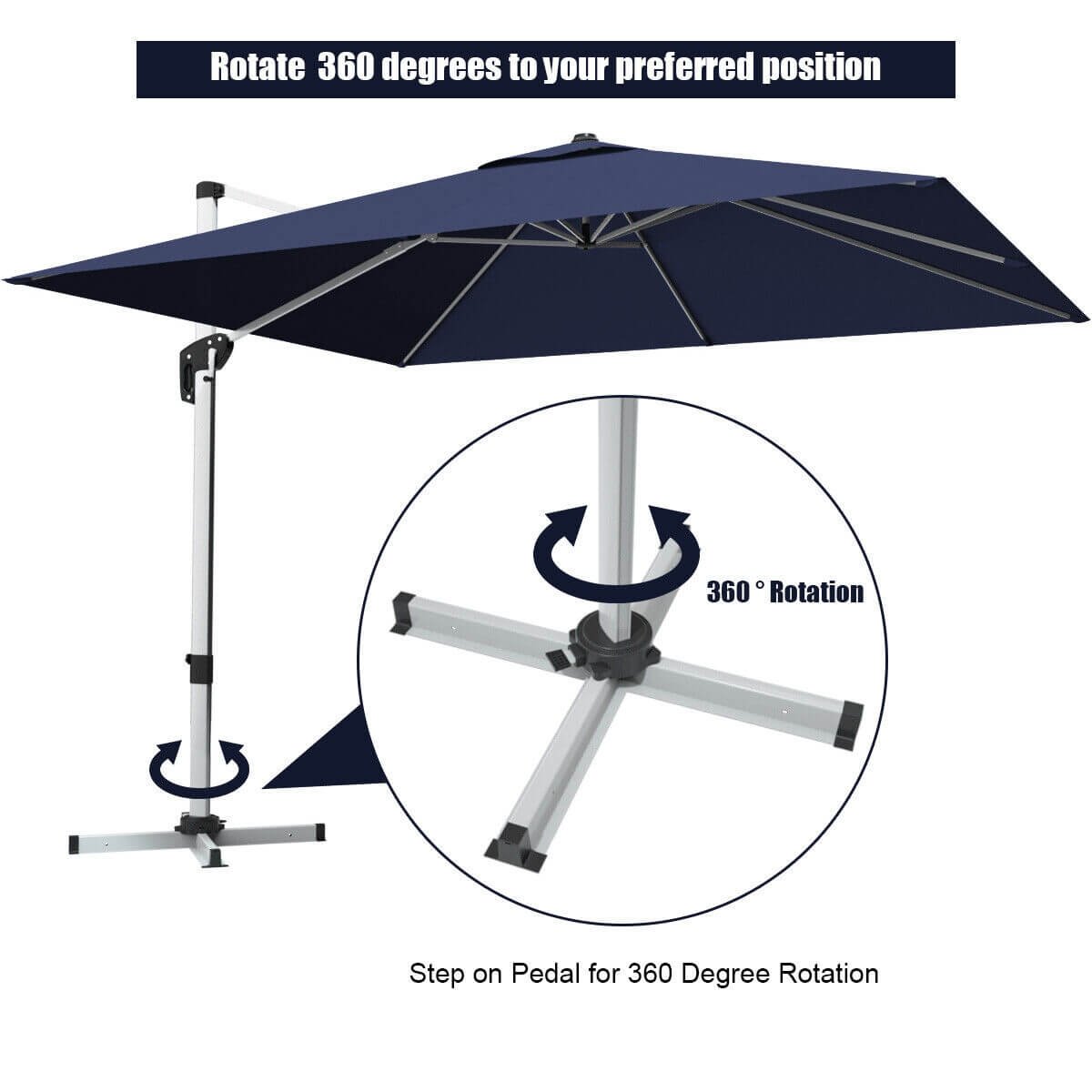 10 Feet 360° Tilt Aluminum Square Patio Umbrella without Weight Base, Navy Outdoor Umbrellas   at Gallery Canada