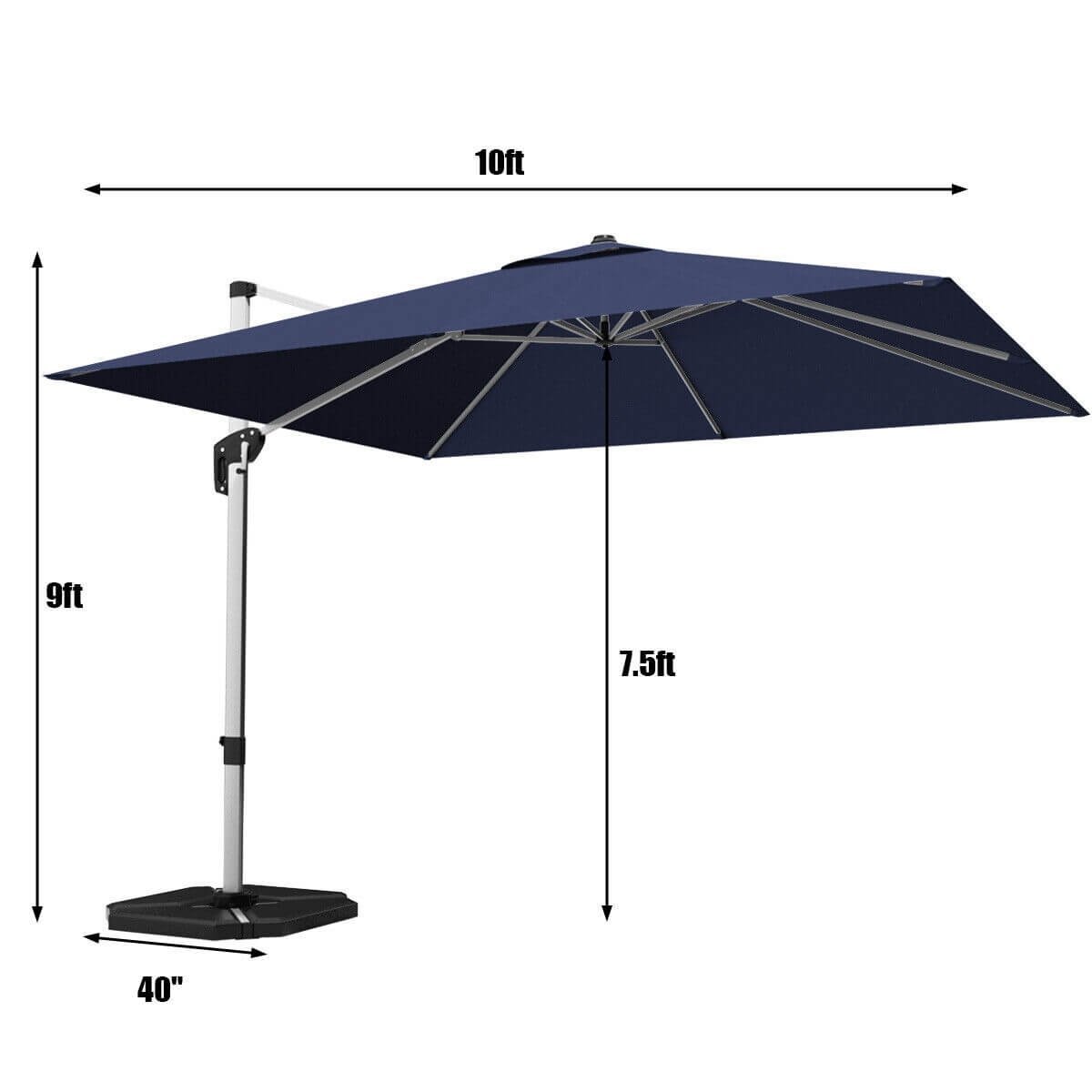 10 Feet 360° Tilt Aluminum Square Patio Umbrella without Weight Base, Navy Outdoor Umbrellas   at Gallery Canada