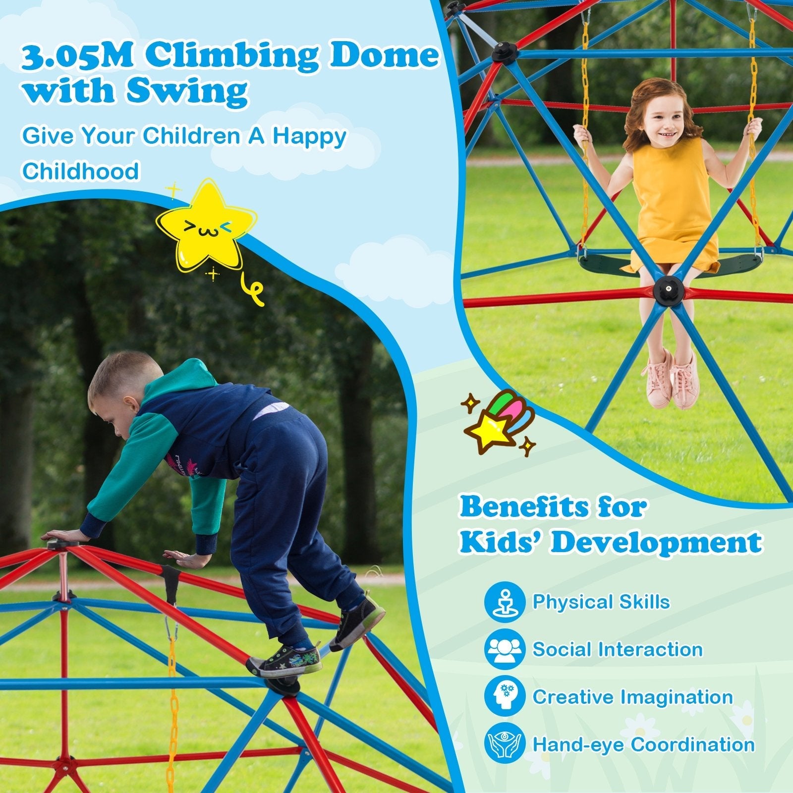 10 Feet Dome Climber with Swing and 800 Lbs Load Capacity, Red Climbers & Slides   at Gallery Canada