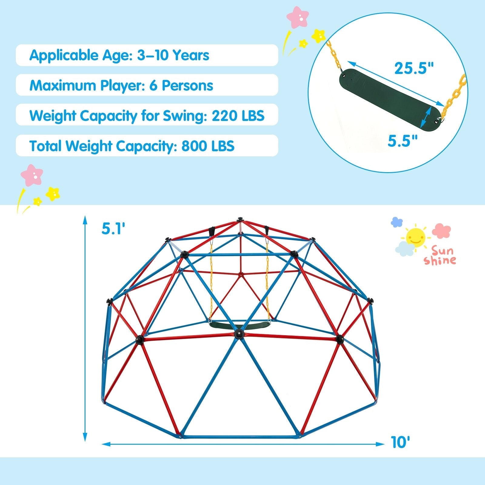 10 Feet Dome Climber with Swing and 800 Lbs Load Capacity, Red Climbers & Slides   at Gallery Canada