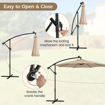 10 Feet Patio Offset Umbrella with 112 Solar-Powered LED Lights-Beige, Beige Outdoor Umbrellas   at Gallery Canada