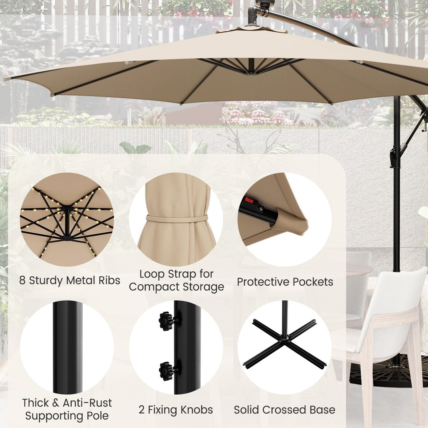 10 Feet Patio Offset Umbrella with 112 Solar-Powered LED Lights-Beige, Beige Outdoor Umbrellas   at Gallery Canada