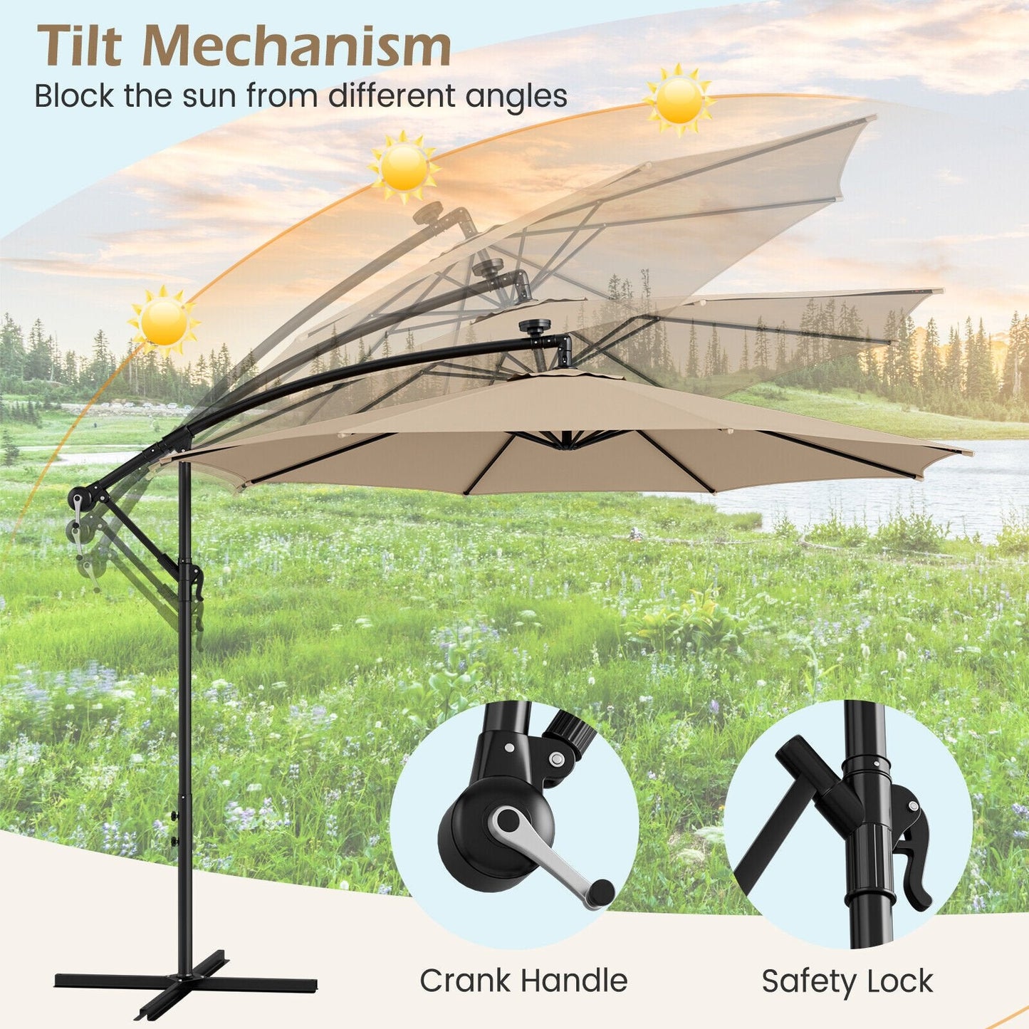 10 Feet Patio Offset Umbrella with 112 Solar-Powered LED Lights-Beige, Beige Outdoor Umbrellas   at Gallery Canada