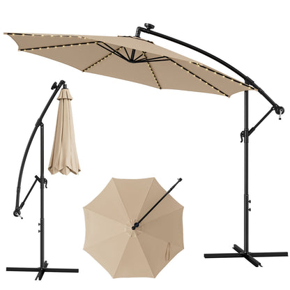 10 Feet Patio Offset Umbrella with 112 Solar-Powered LED Lights-Beige, Beige Outdoor Umbrellas   at Gallery Canada