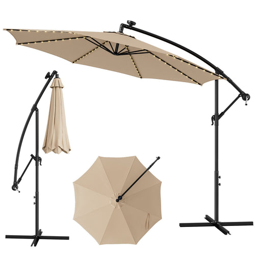 10 Feet Patio Offset Umbrella with 112 Solar-Powered LED Lights-Beige, Beige