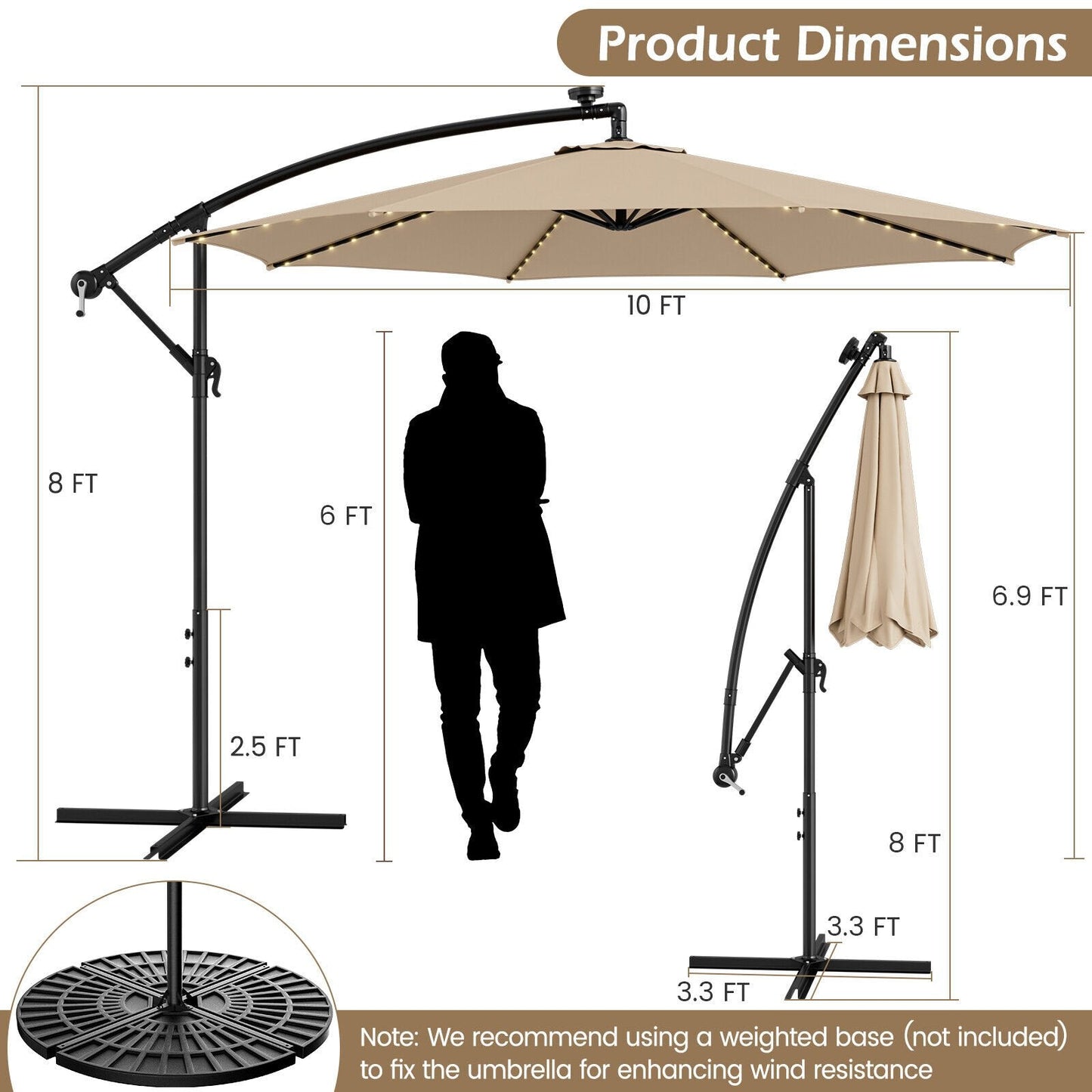 10 Feet Patio Offset Umbrella with 112 Solar-Powered LED Lights-Beige, Beige Outdoor Umbrellas   at Gallery Canada