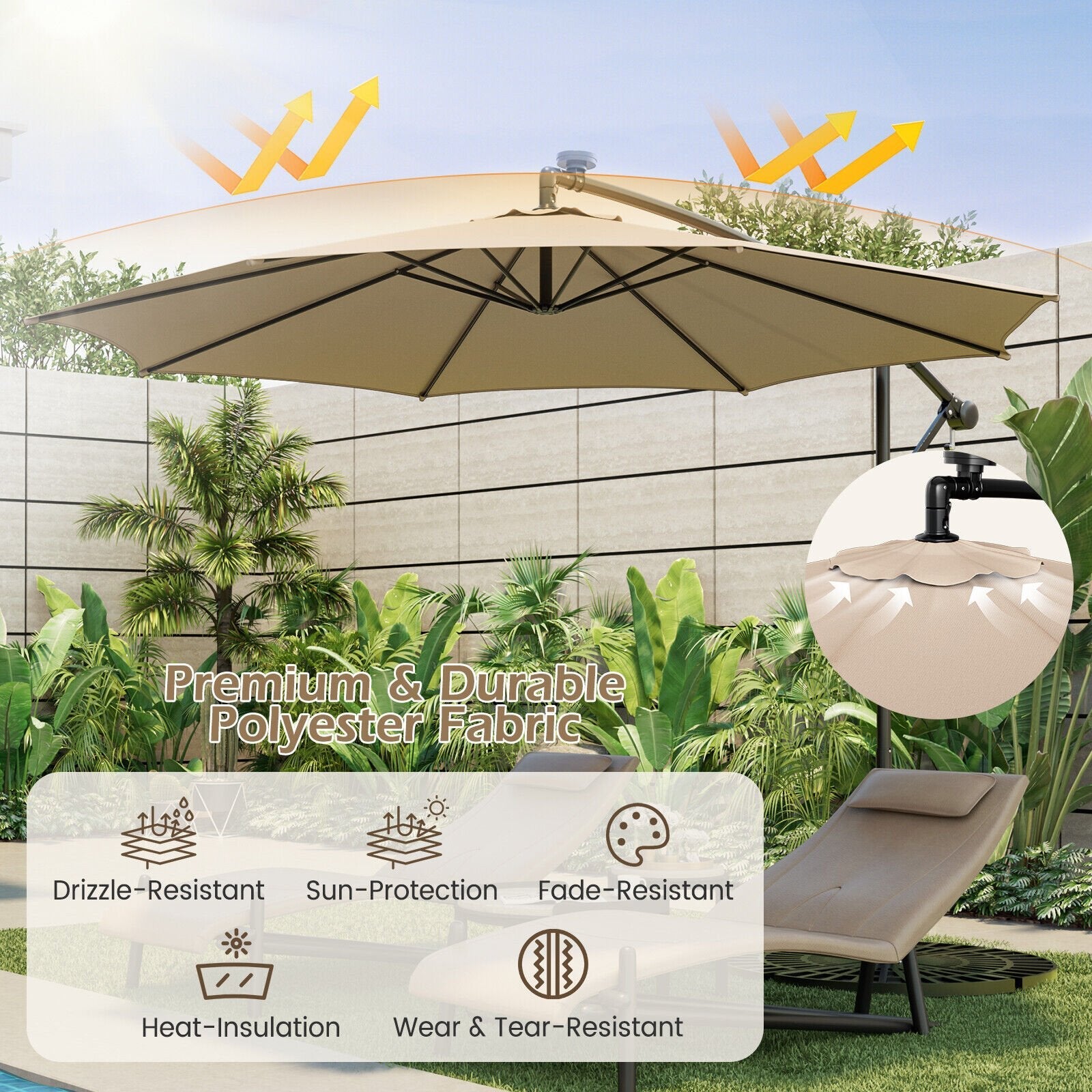 10 Feet Patio Offset Umbrella with 112 Solar-Powered LED Lights-Beige, Beige Outdoor Umbrellas   at Gallery Canada