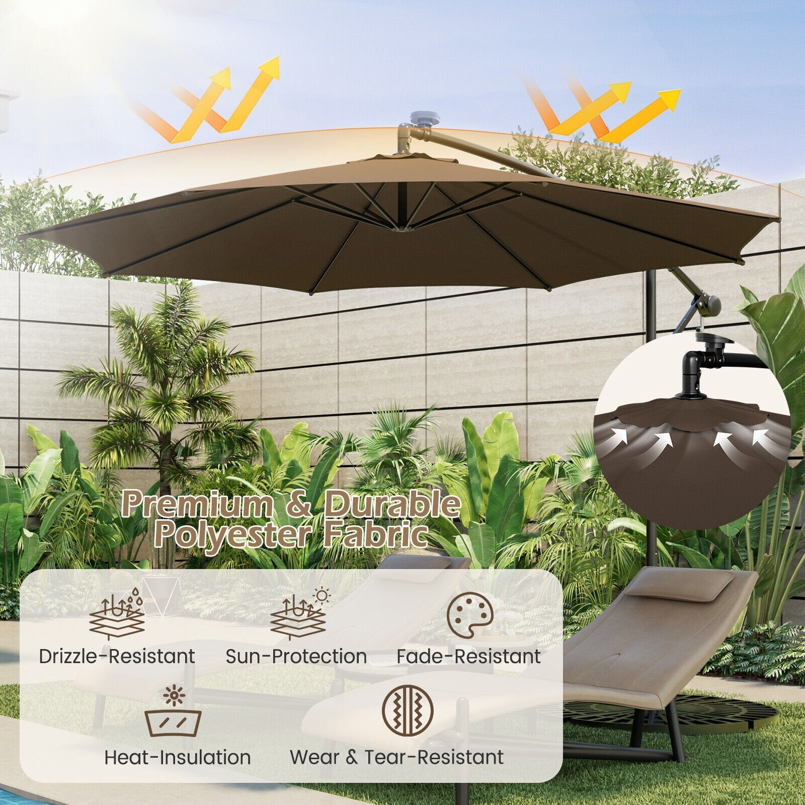 10 Feet Patio Offset Umbrella with 112 Solar-Powered LED Lights-Beige, Coffee Outdoor Umbrellas   at Gallery Canada