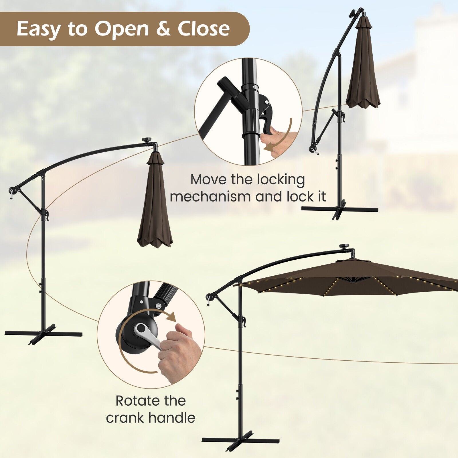 10 Feet Patio Offset Umbrella with 112 Solar-Powered LED Lights-Beige, Coffee Outdoor Umbrellas   at Gallery Canada