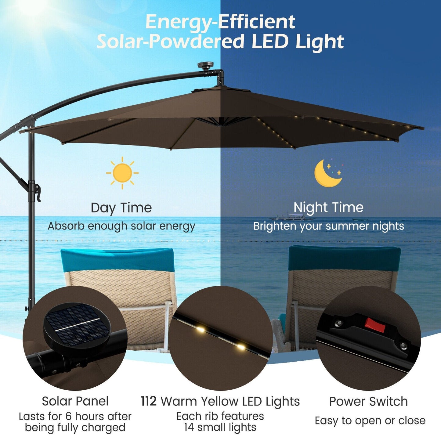 10 Feet Patio Offset Umbrella with 112 Solar-Powered LED Lights-Beige, Coffee Outdoor Umbrellas   at Gallery Canada