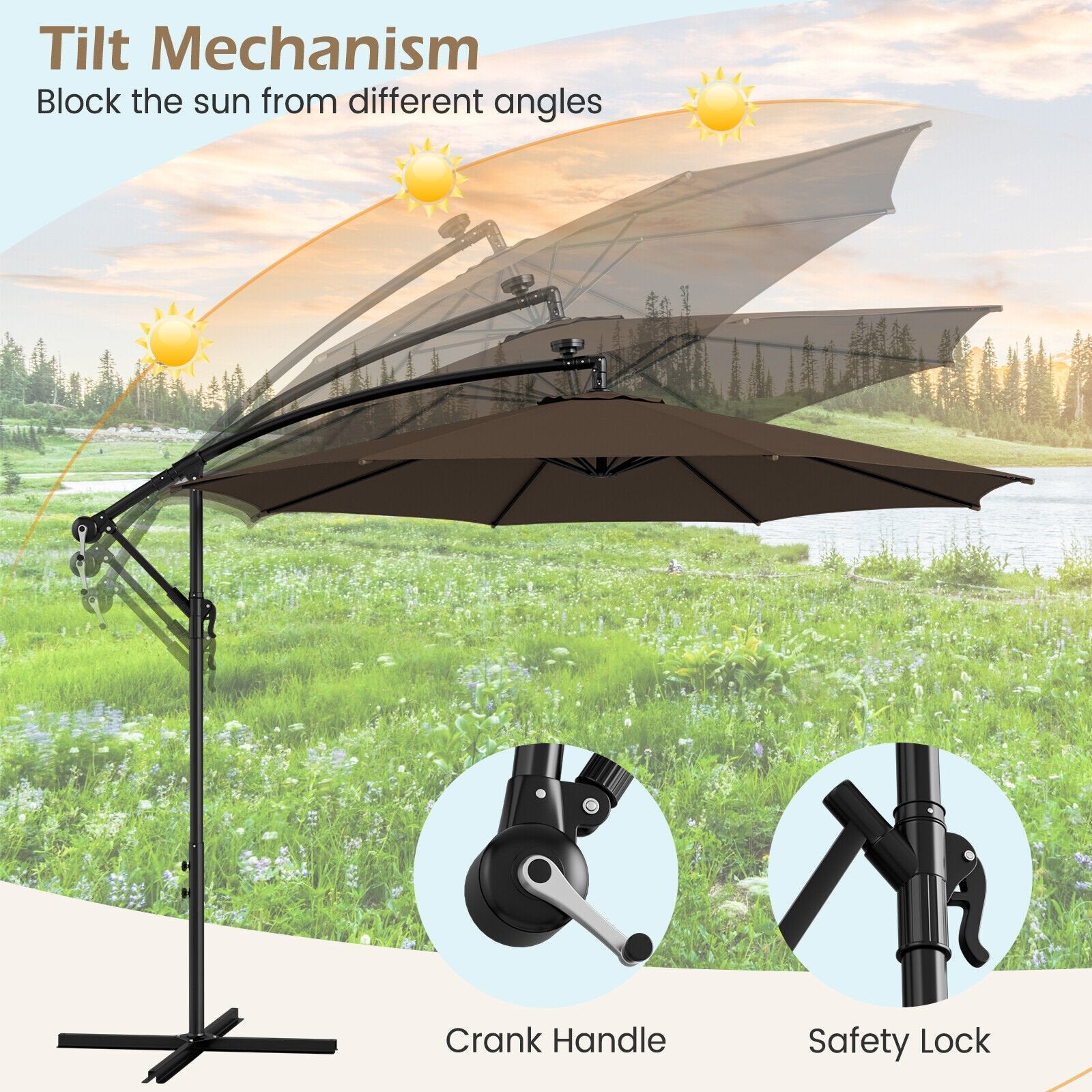 10 Feet Patio Offset Umbrella with 112 Solar-Powered LED Lights-Beige, Coffee Outdoor Umbrellas   at Gallery Canada