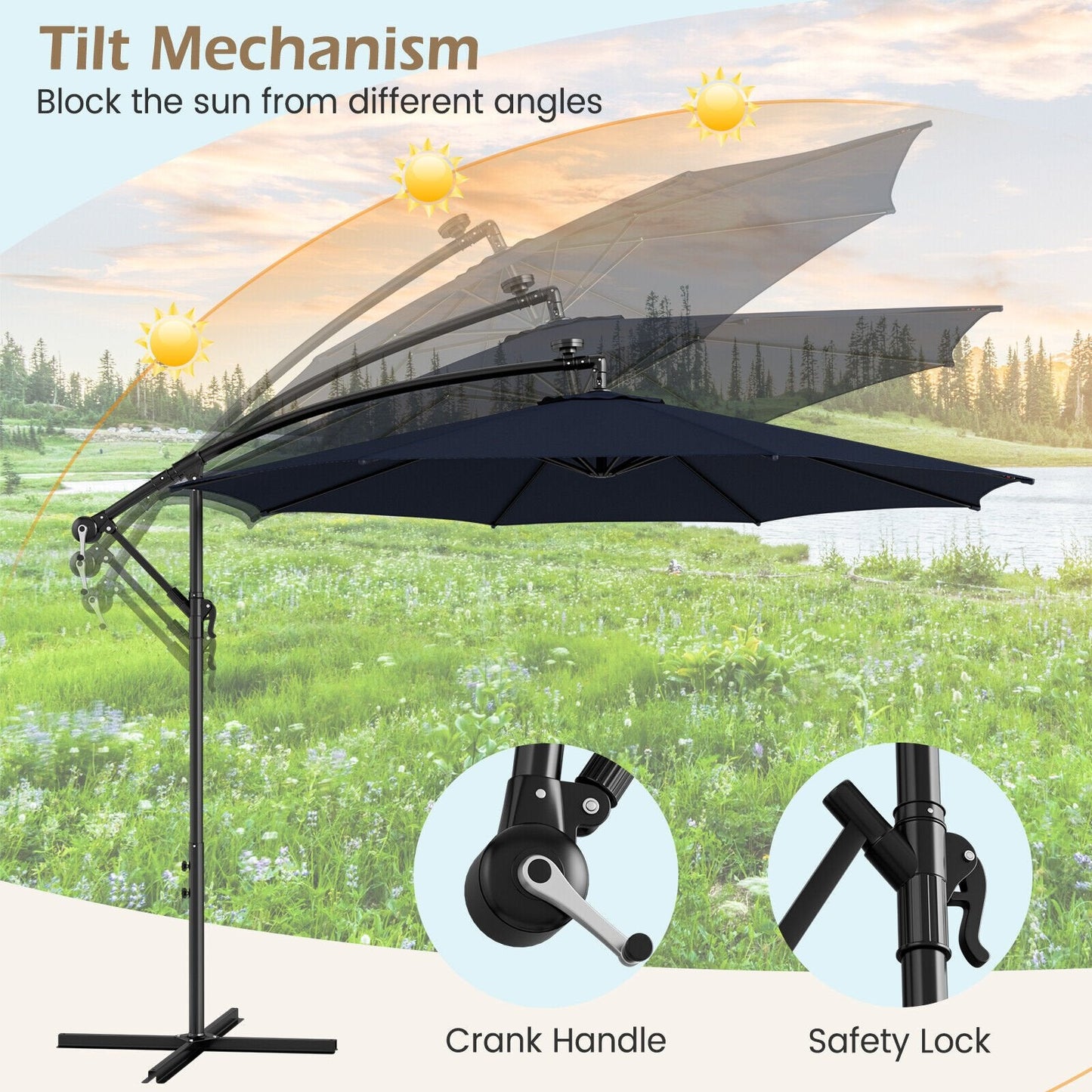 10 Feet Patio Offset Umbrella with 112 Solar-Powered LED Lights-Beige, Navy Outdoor Umbrellas   at Gallery Canada