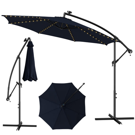 10 Feet Patio Offset Umbrella with 112 Solar-Powered LED Lights-Beige, Navy Outdoor Umbrellas   at Gallery Canada