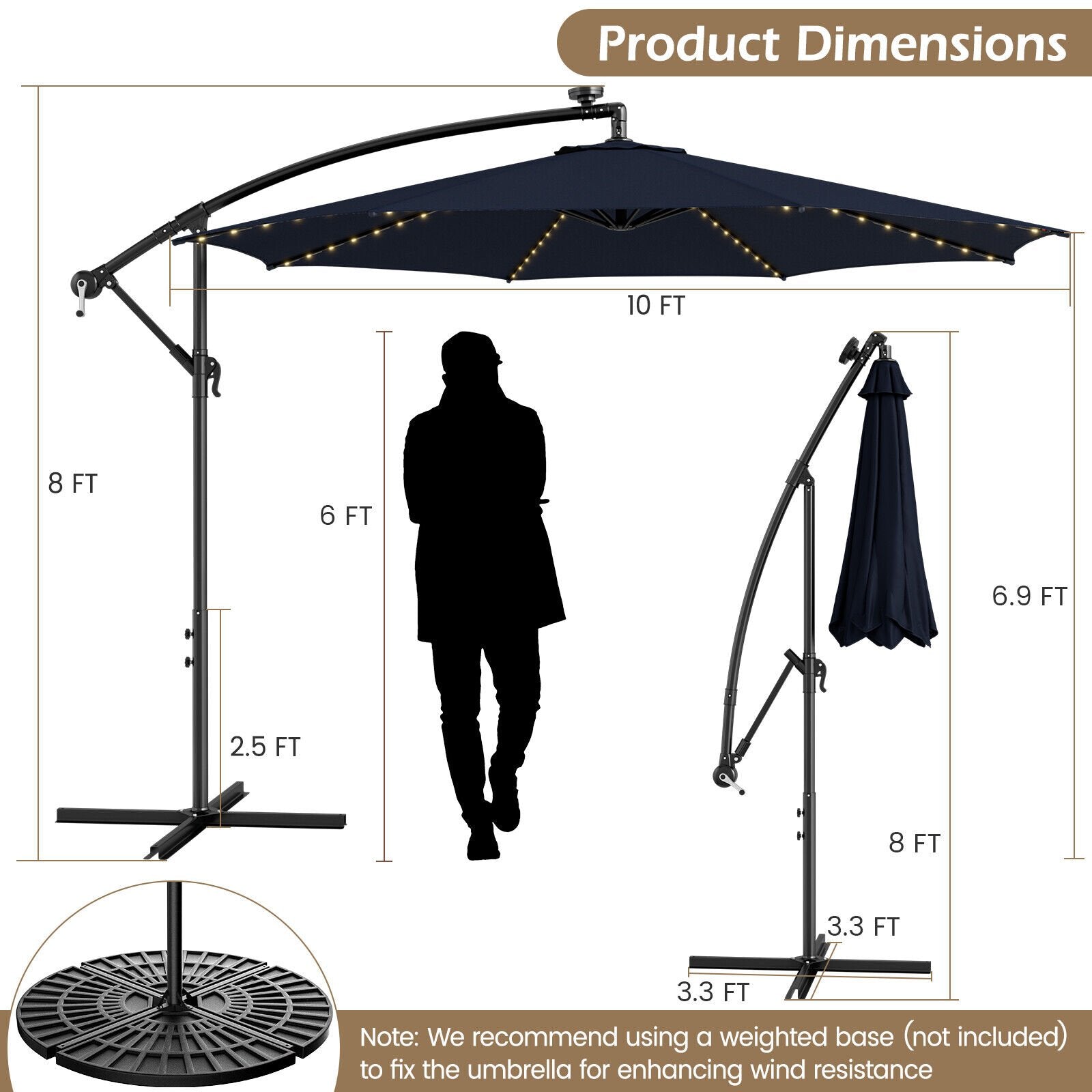 10 Feet Patio Offset Umbrella with 112 Solar-Powered LED Lights-Beige, Navy Outdoor Umbrellas   at Gallery Canada