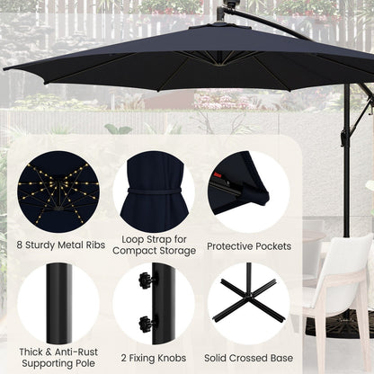 10 Feet Patio Offset Umbrella with 112 Solar-Powered LED Lights-Beige, Navy Outdoor Umbrellas   at Gallery Canada