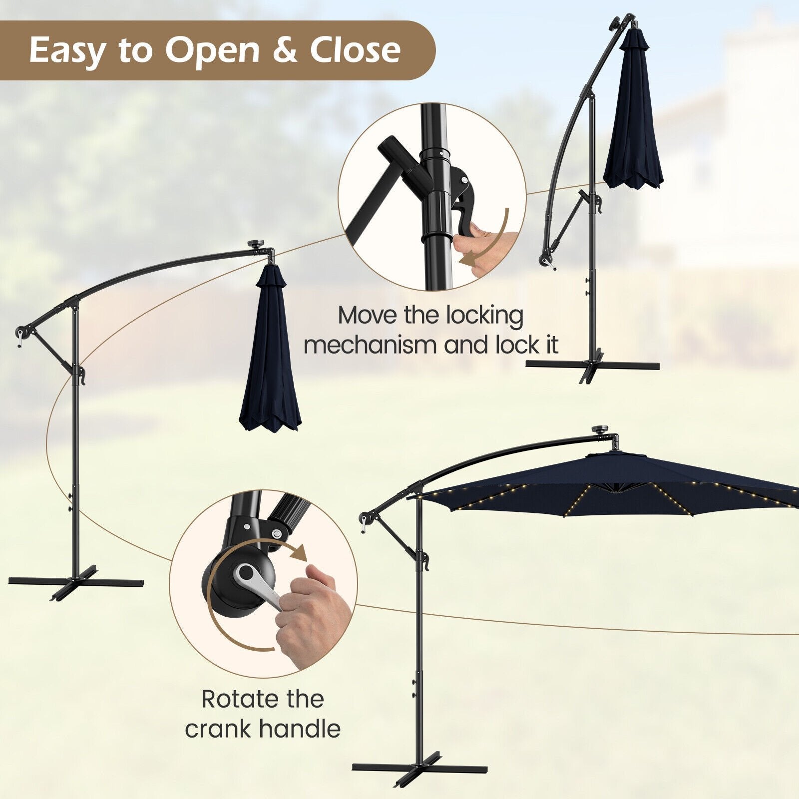 10 Feet Patio Offset Umbrella with 112 Solar-Powered LED Lights-Beige, Navy Outdoor Umbrellas   at Gallery Canada