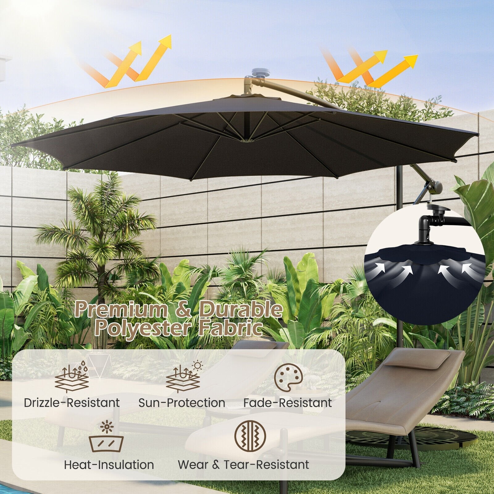 10 Feet Patio Offset Umbrella with 112 Solar-Powered LED Lights-Beige, Navy Outdoor Umbrellas   at Gallery Canada