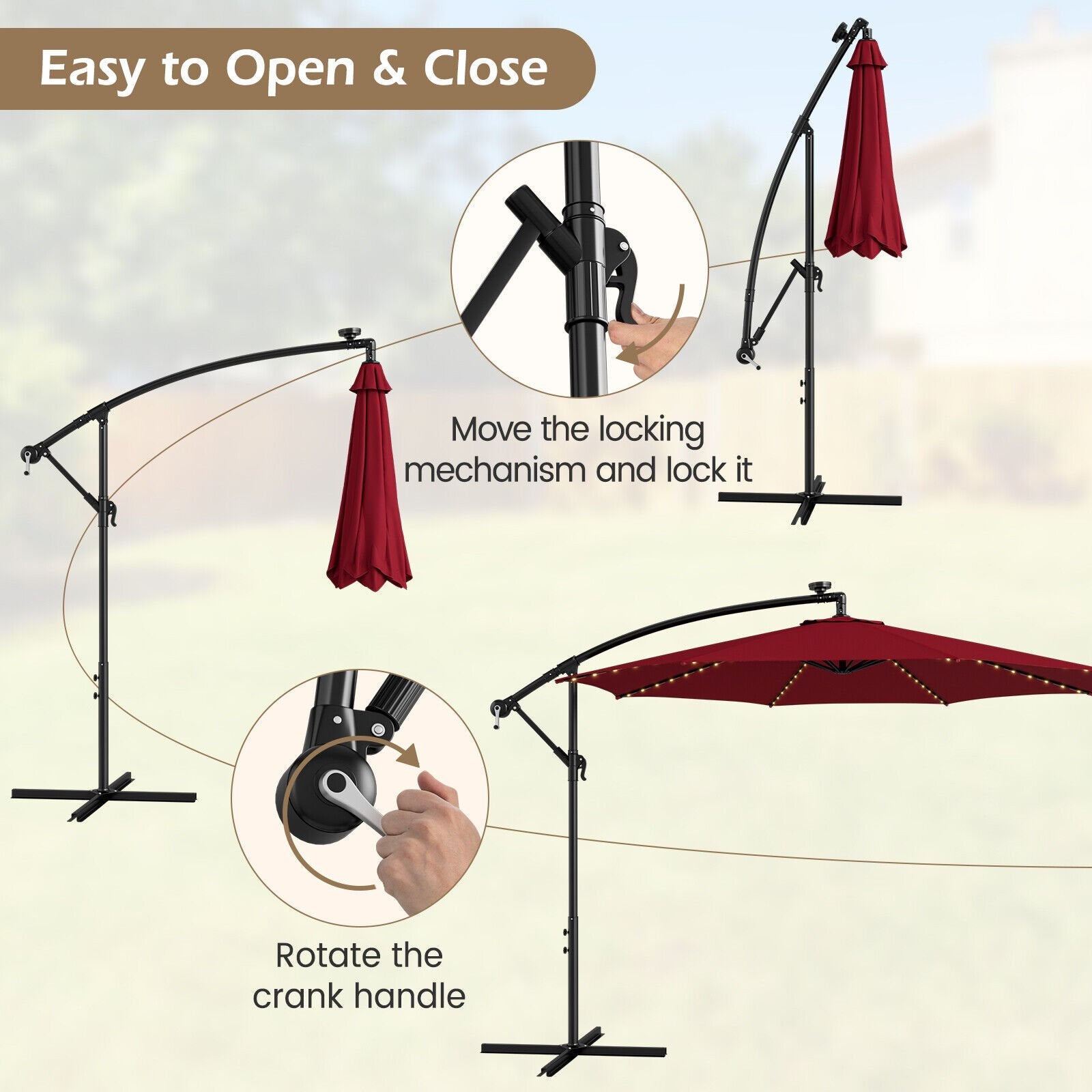 10 Feet Patio Offset Umbrella with 112 Solar-Powered LED Lights-Beige, Wine Outdoor Umbrellas   at Gallery Canada