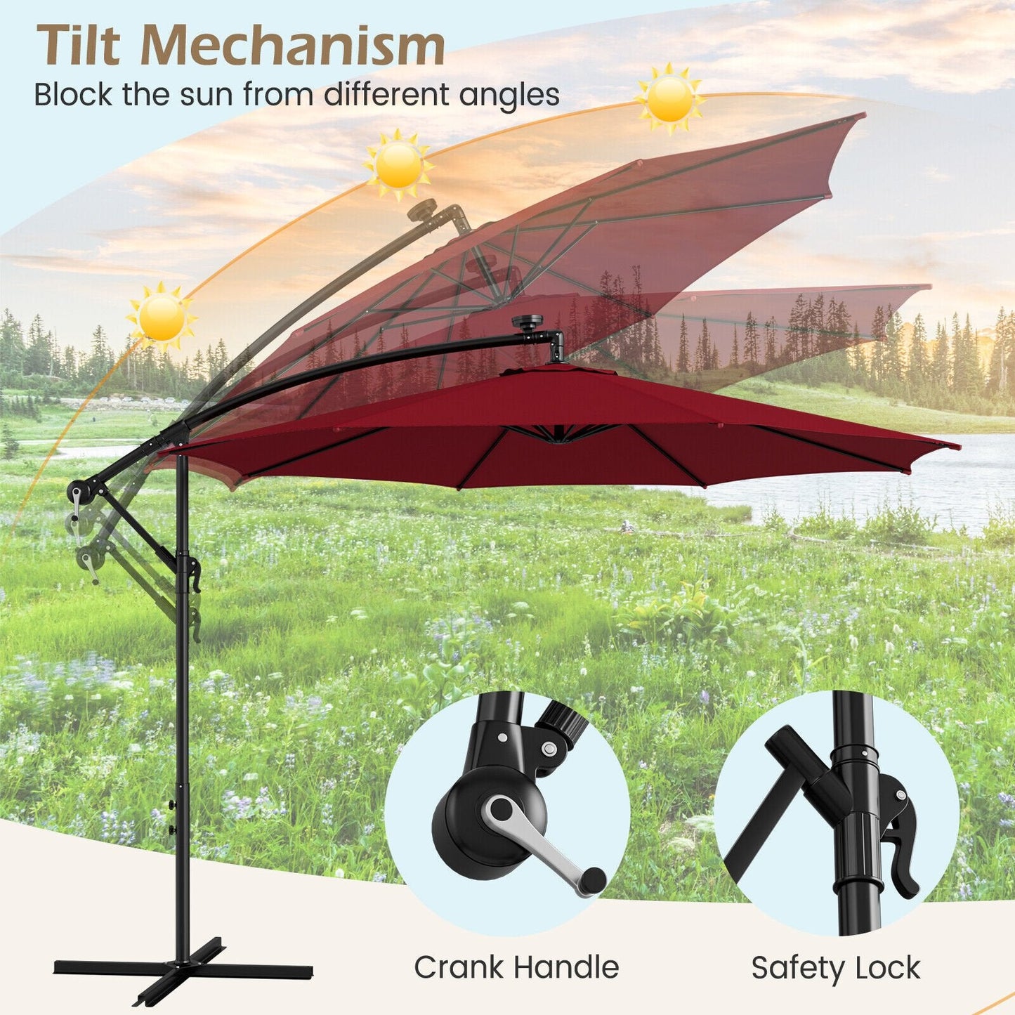 10 Feet Patio Offset Umbrella with 112 Solar-Powered LED Lights-Beige, Wine Outdoor Umbrellas   at Gallery Canada