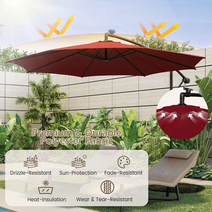 10 Feet Patio Offset Umbrella with 112 Solar-Powered LED Lights-Beige, Wine Outdoor Umbrellas   at Gallery Canada