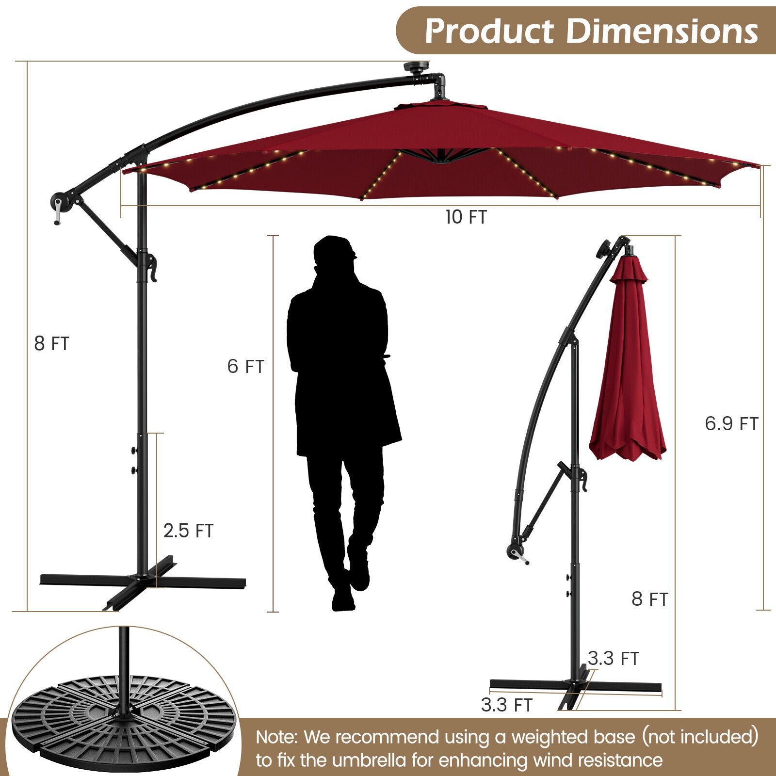 10 Feet Patio Offset Umbrella with 112 Solar-Powered LED Lights-Beige, Wine Outdoor Umbrellas   at Gallery Canada