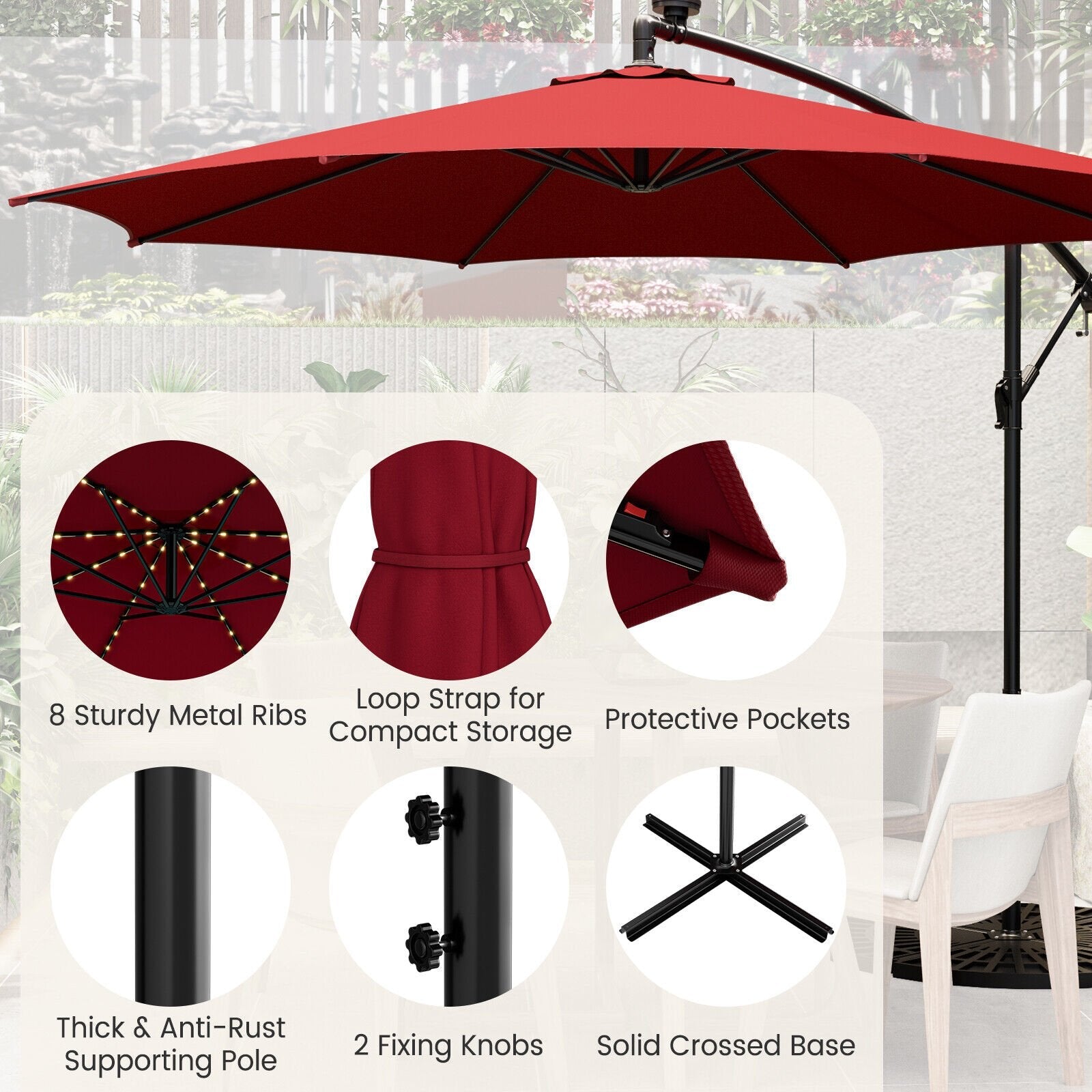 10 Feet Patio Offset Umbrella with 112 Solar-Powered LED Lights-Beige, Wine Outdoor Umbrellas   at Gallery Canada