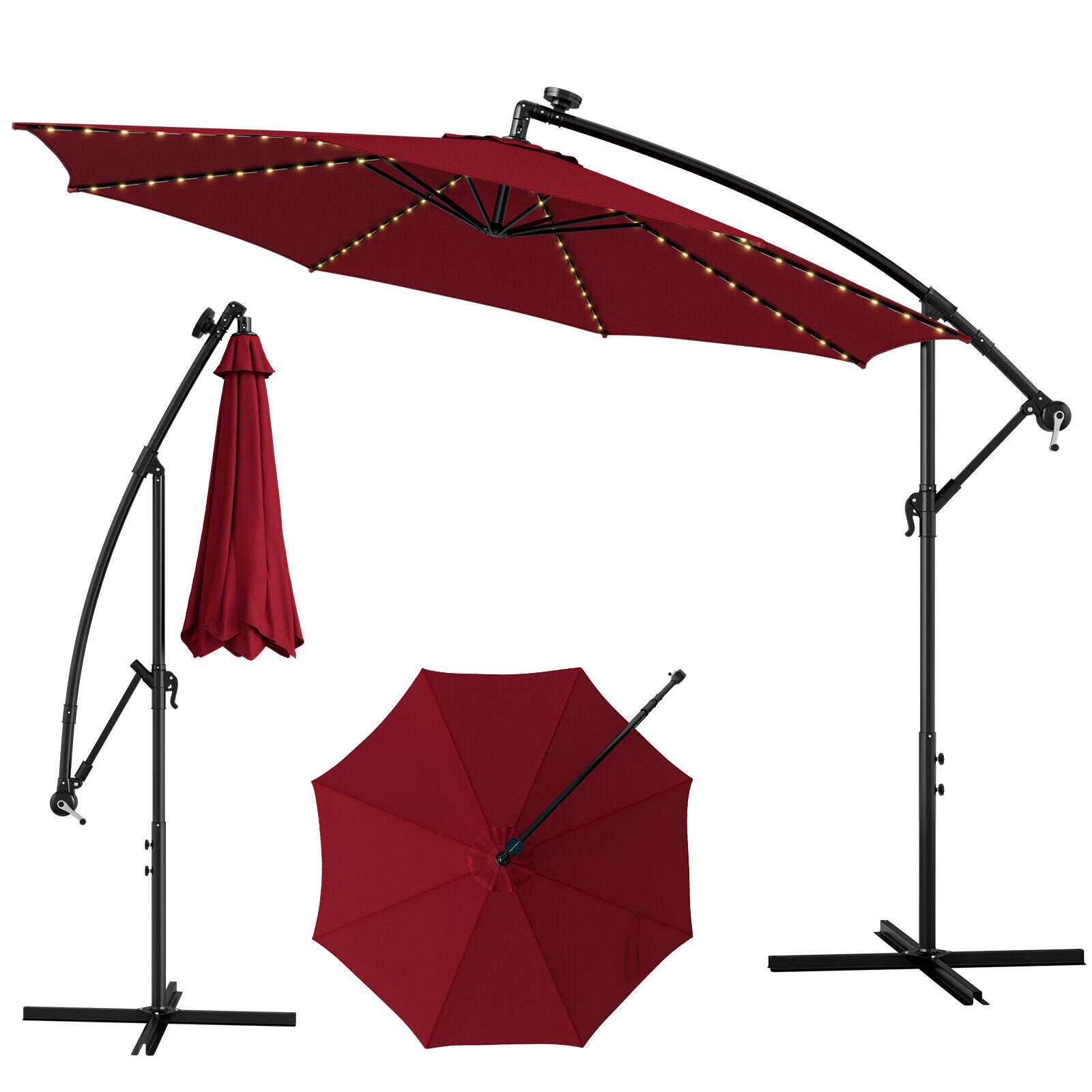 10 Feet Patio Offset Umbrella with 112 Solar-Powered LED Lights-Beige, Wine Outdoor Umbrellas   at Gallery Canada