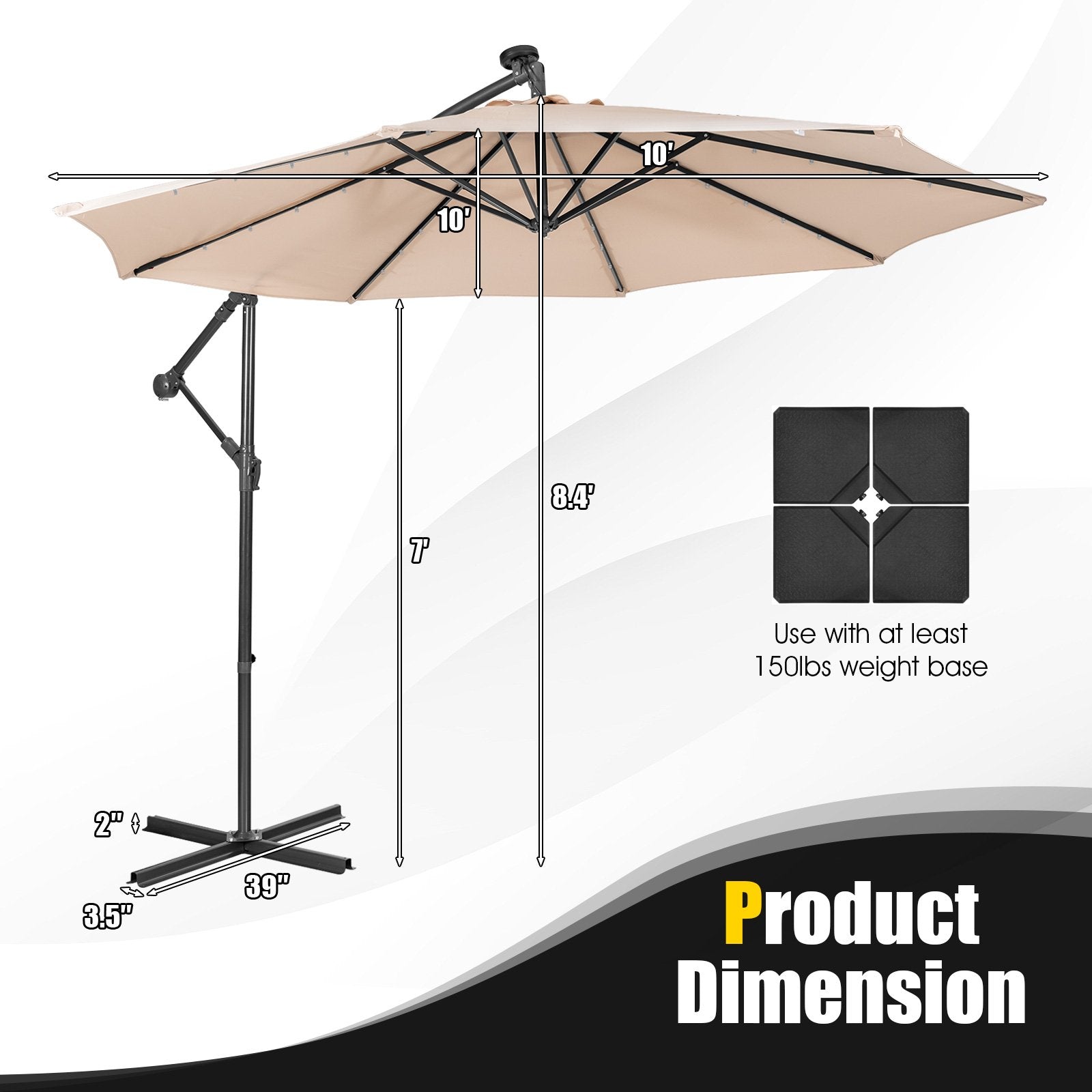 10 Feet Patio Solar Powered Cantilever Umbrella with Tilting System, Beige Outdoor Umbrellas   at Gallery Canada